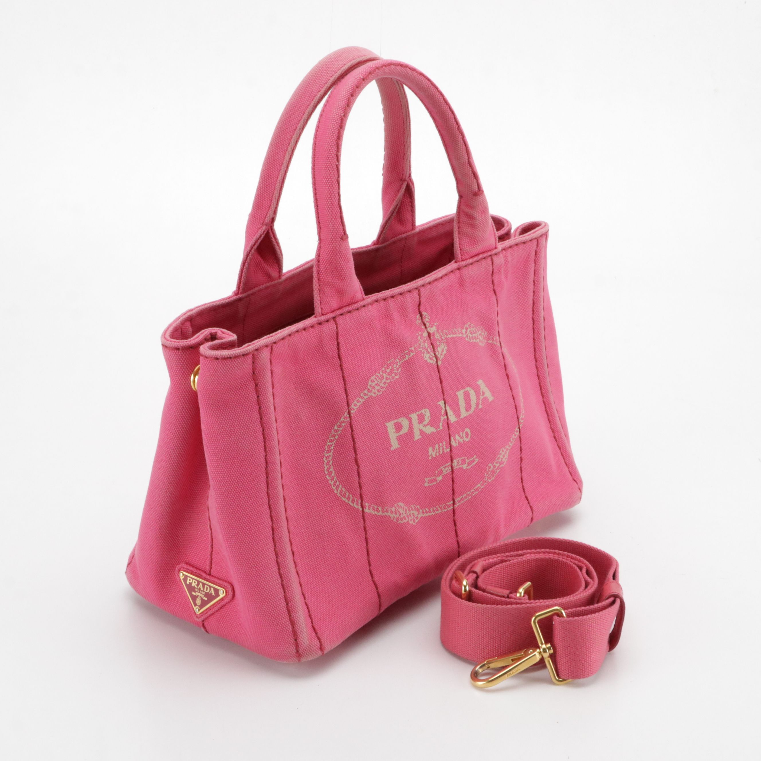 Prada Small Two-Way Tote in Hot Pink Canapa Logo Canvas