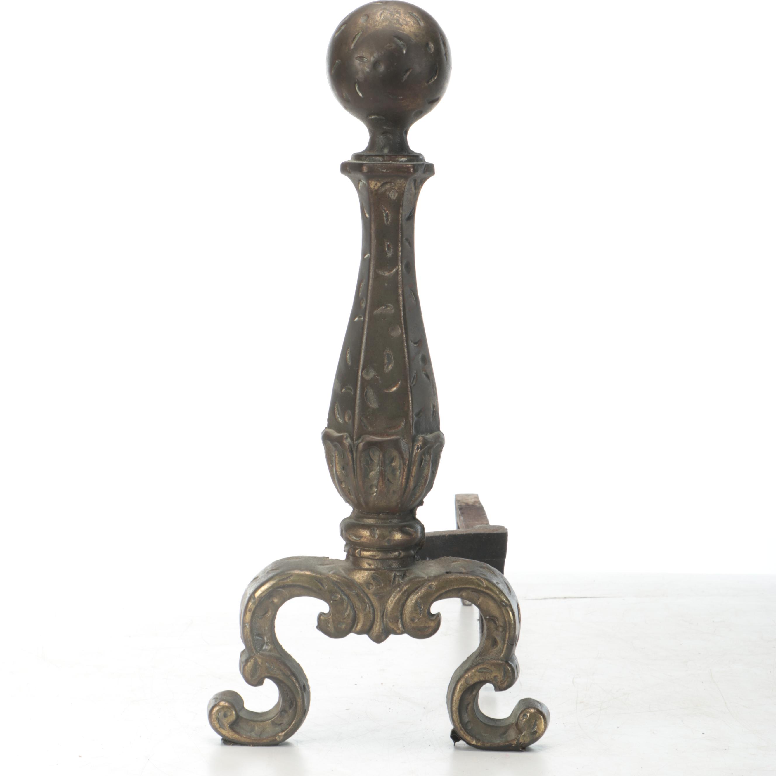 Chippendale Style Brass Finish Cannonball Andirons, 20th Century