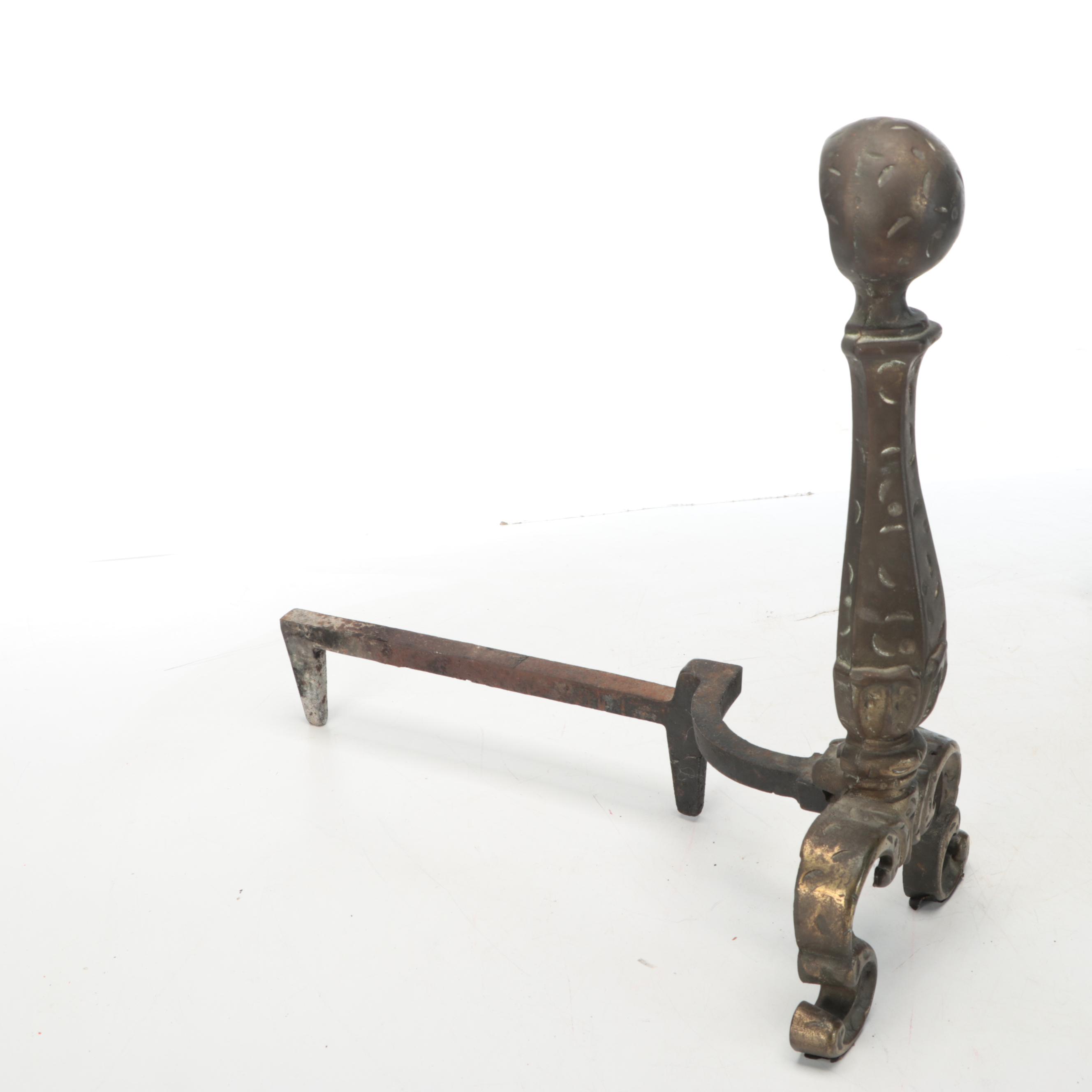 Chippendale Style Brass Finish Cannonball Andirons, 20th Century