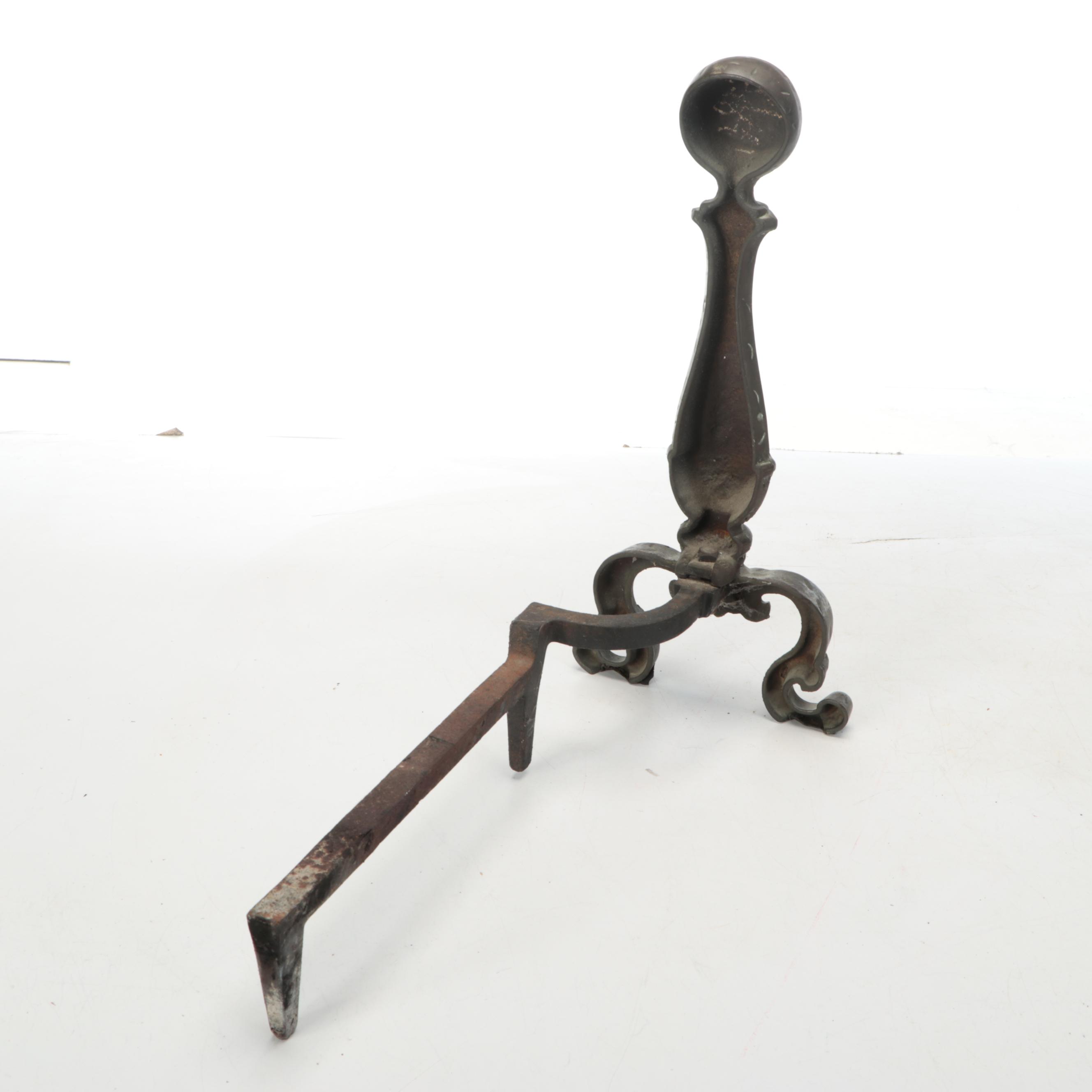Chippendale Style Brass Finish Cannonball Andirons, 20th Century