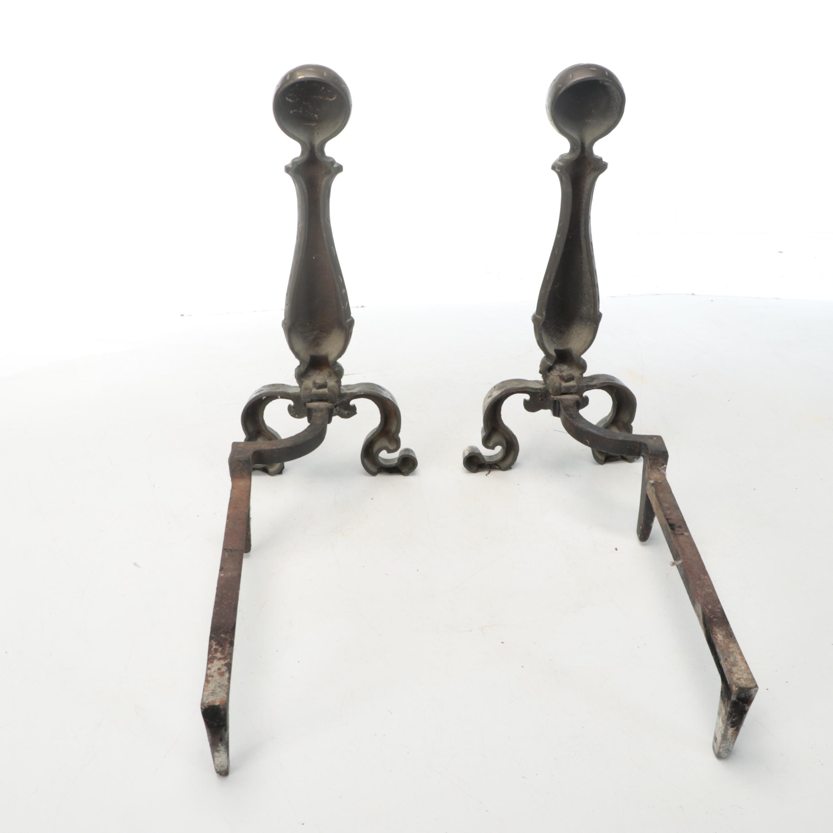Chippendale Style Brass Finish Cannonball Andirons, 20th Century