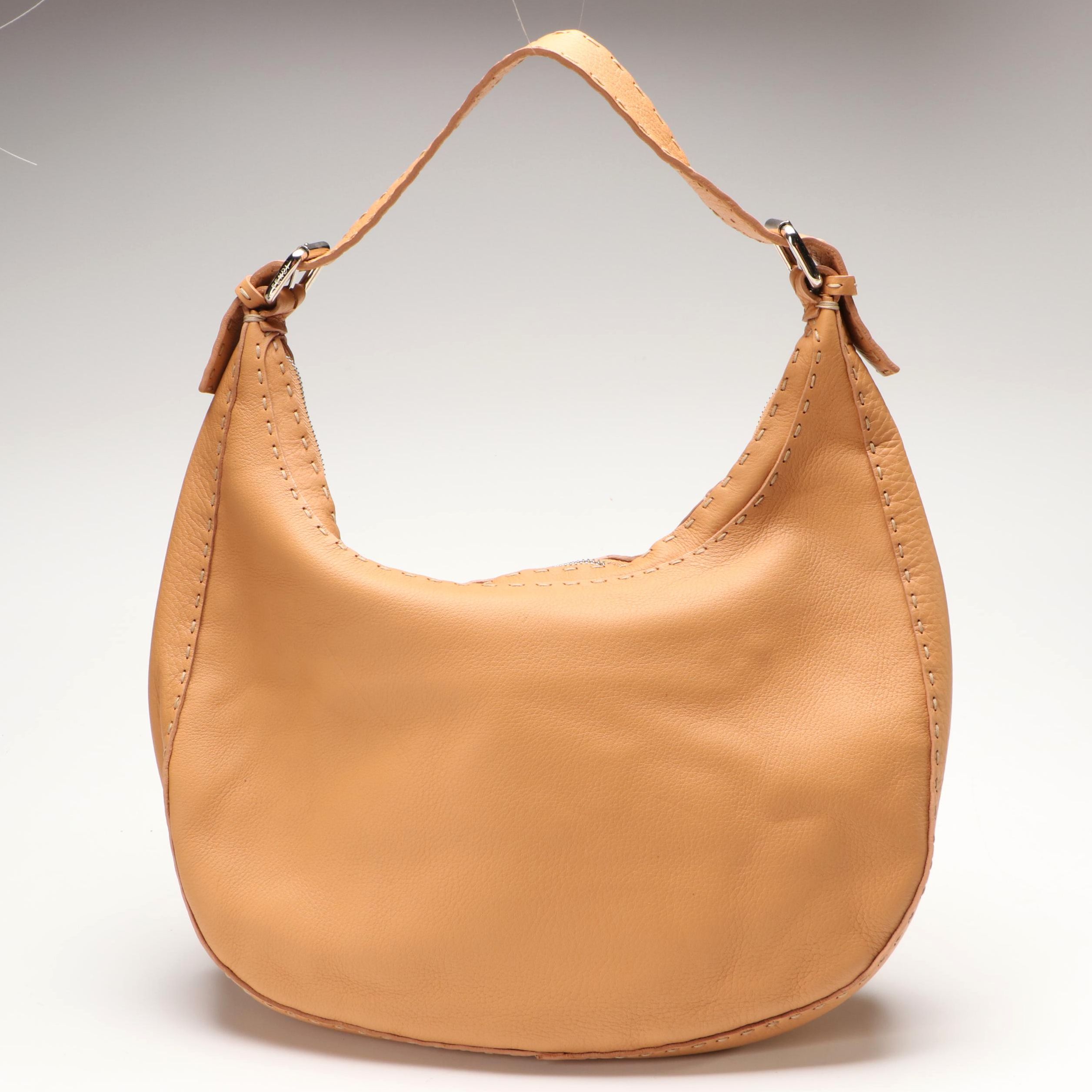 Fendi Semitracolla Selleria Hobo Bag in Natural Italian Pebbled Leather