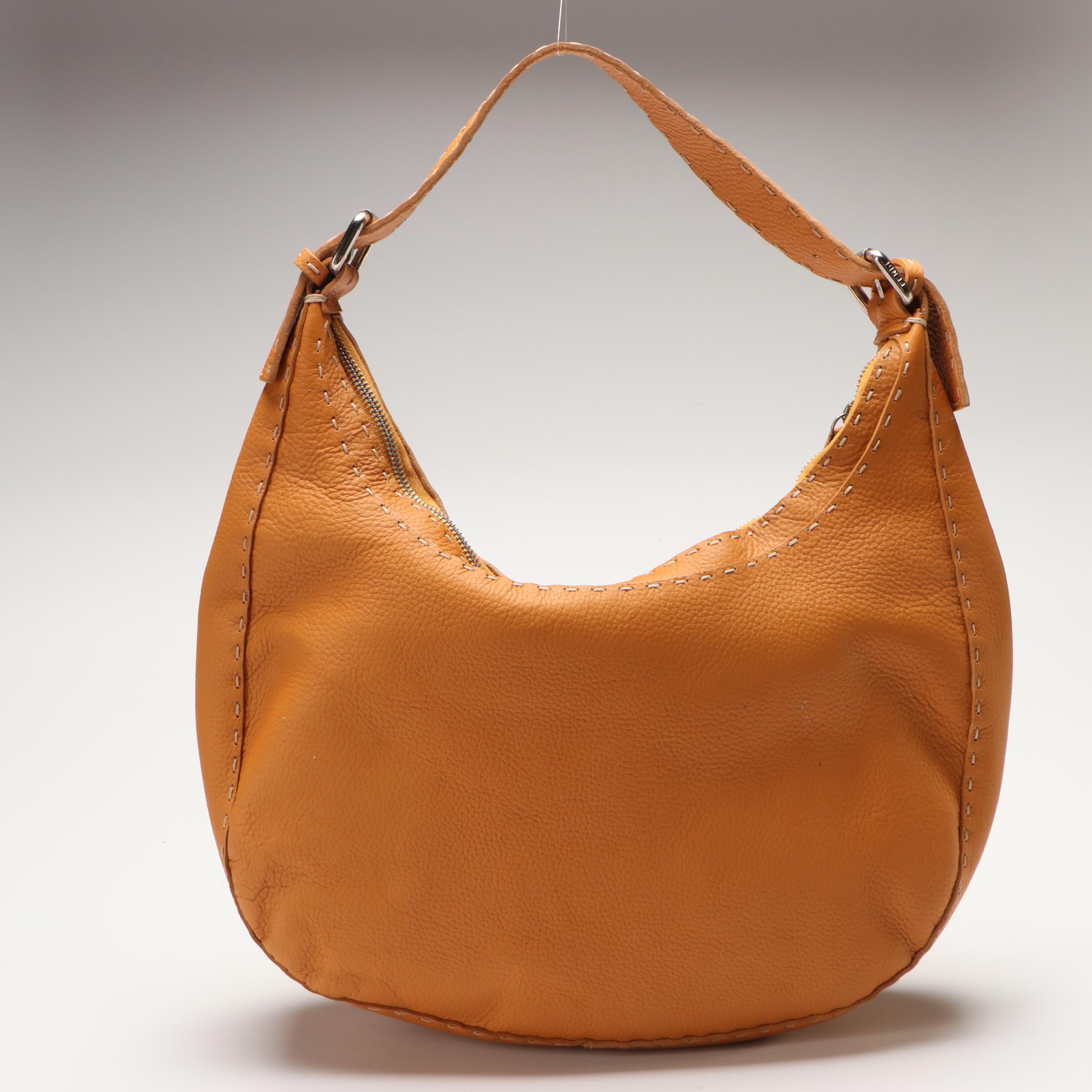 Fendi Semitracolla Selleria Hobo Bag in Tan Italian Pebbled Leather