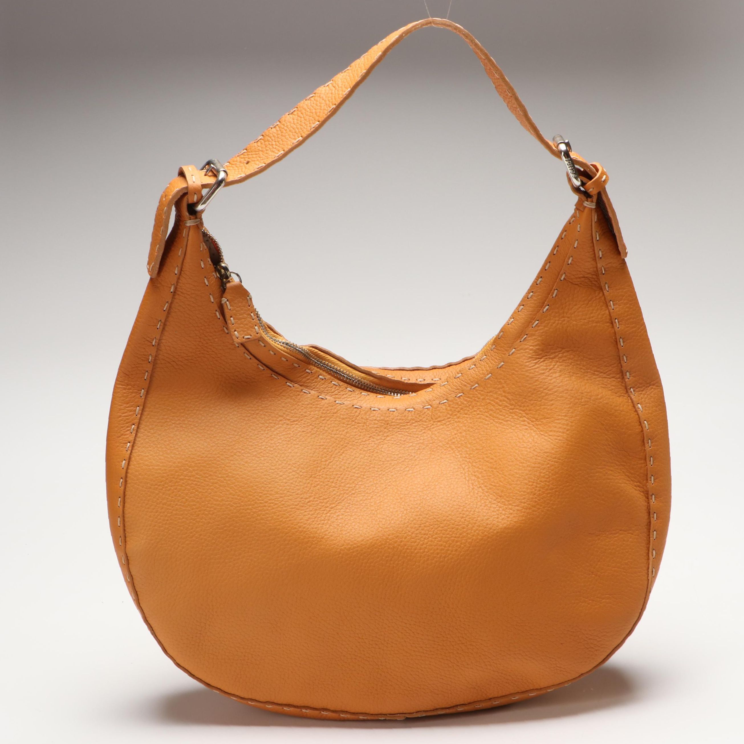 Fendi Semitracolla Selleria Hobo Bag in Tan Italian Pebbled Leather