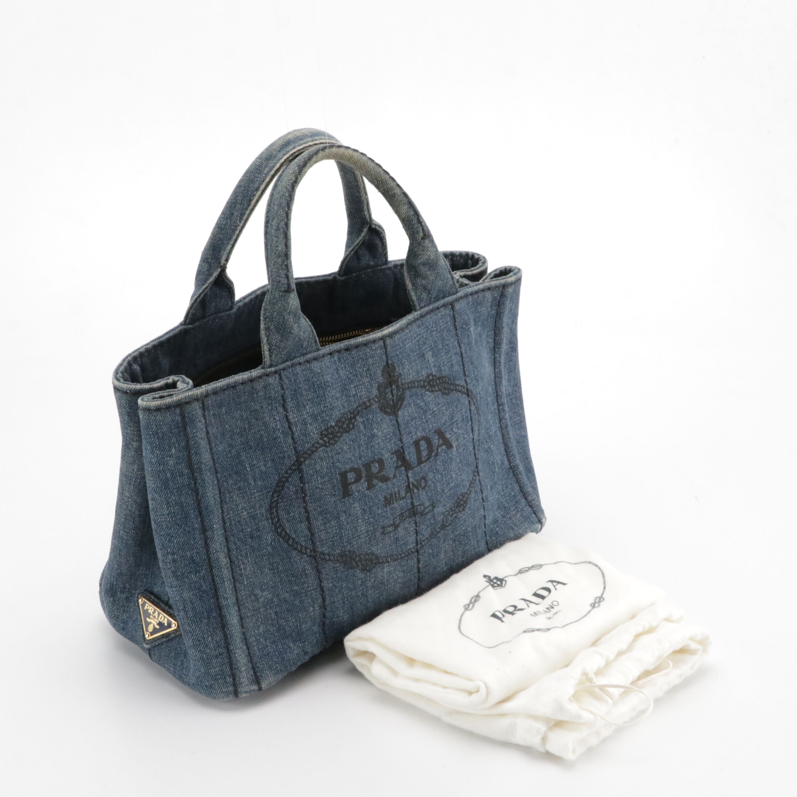 Prada Small Blue Denim Canapa Logo Canvas Small Two-Way Tote