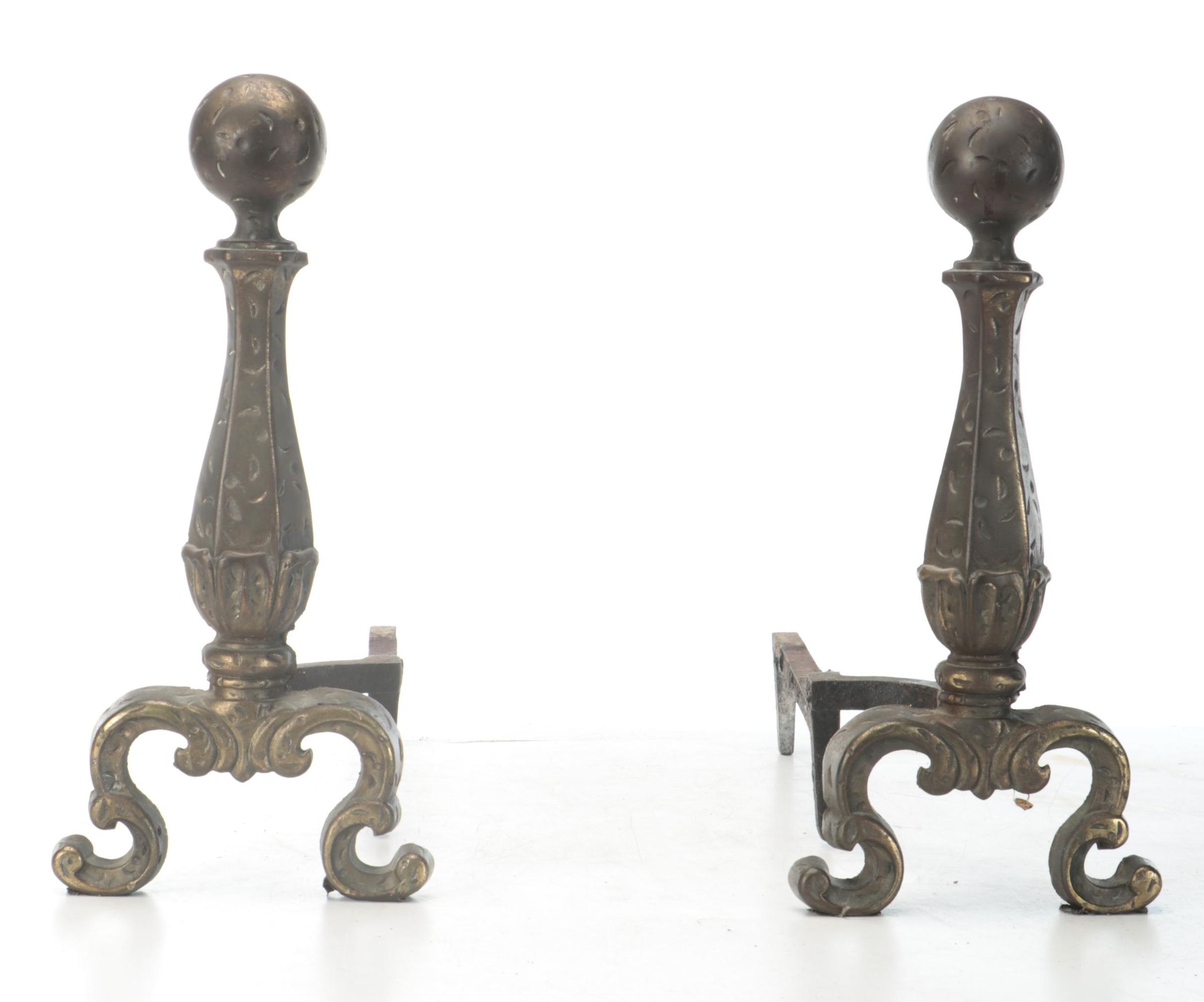 Chippendale Style Brass Finish Cannonball Andirons, 20th Century
