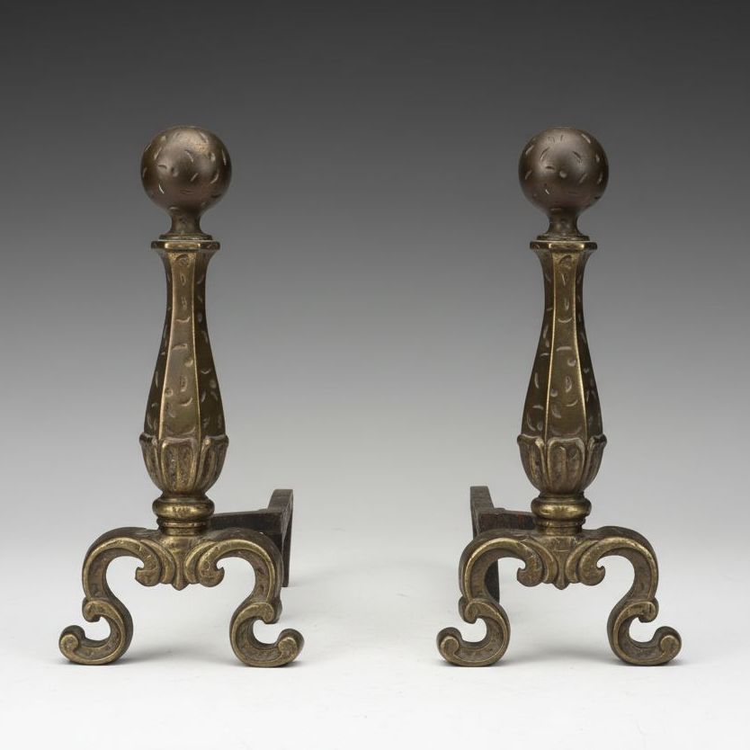 Chippendale Style Brass Finish Cannonball Andirons, 20th Century