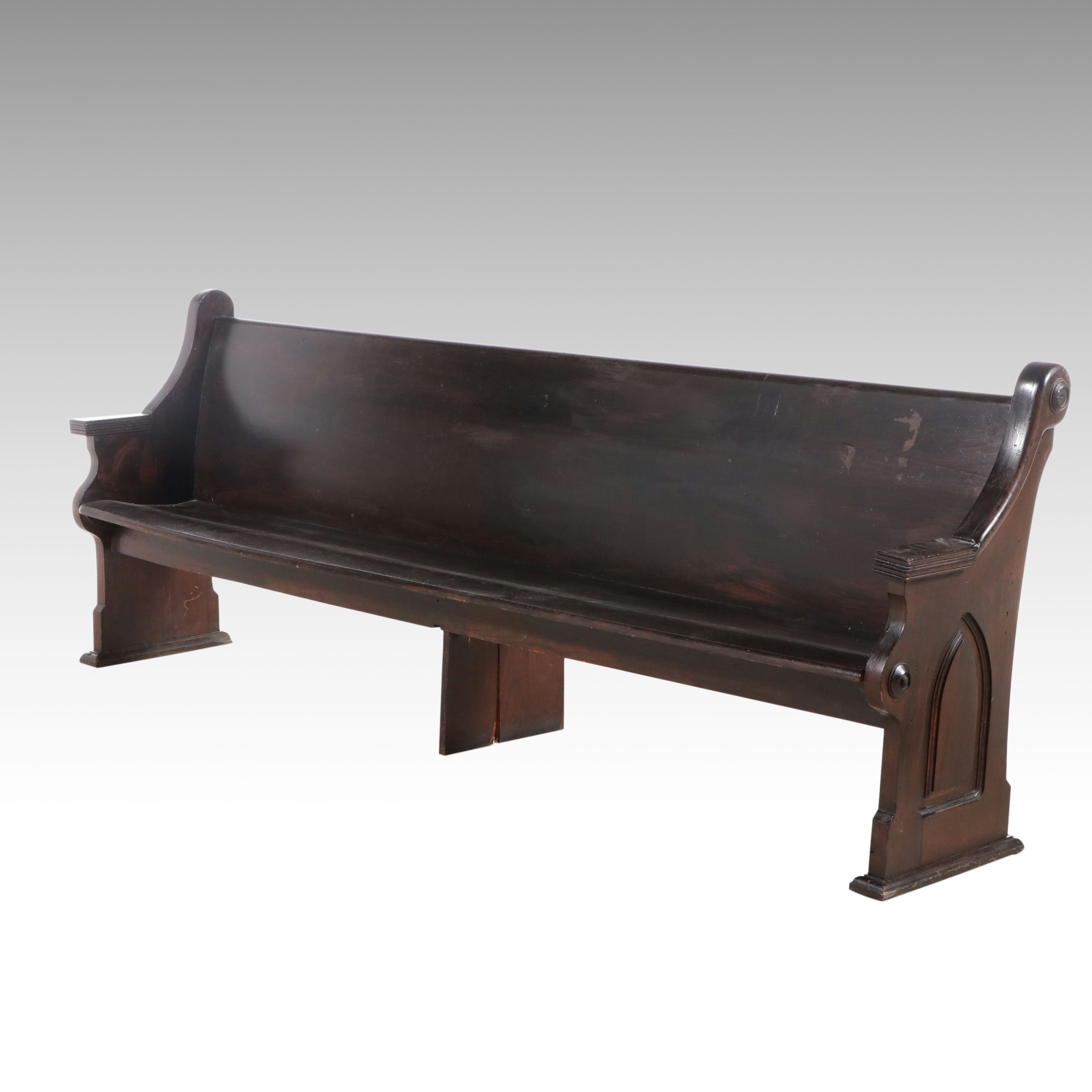 American Gothic Revival Style Walnut Finish Church Pew, Early 20th Century