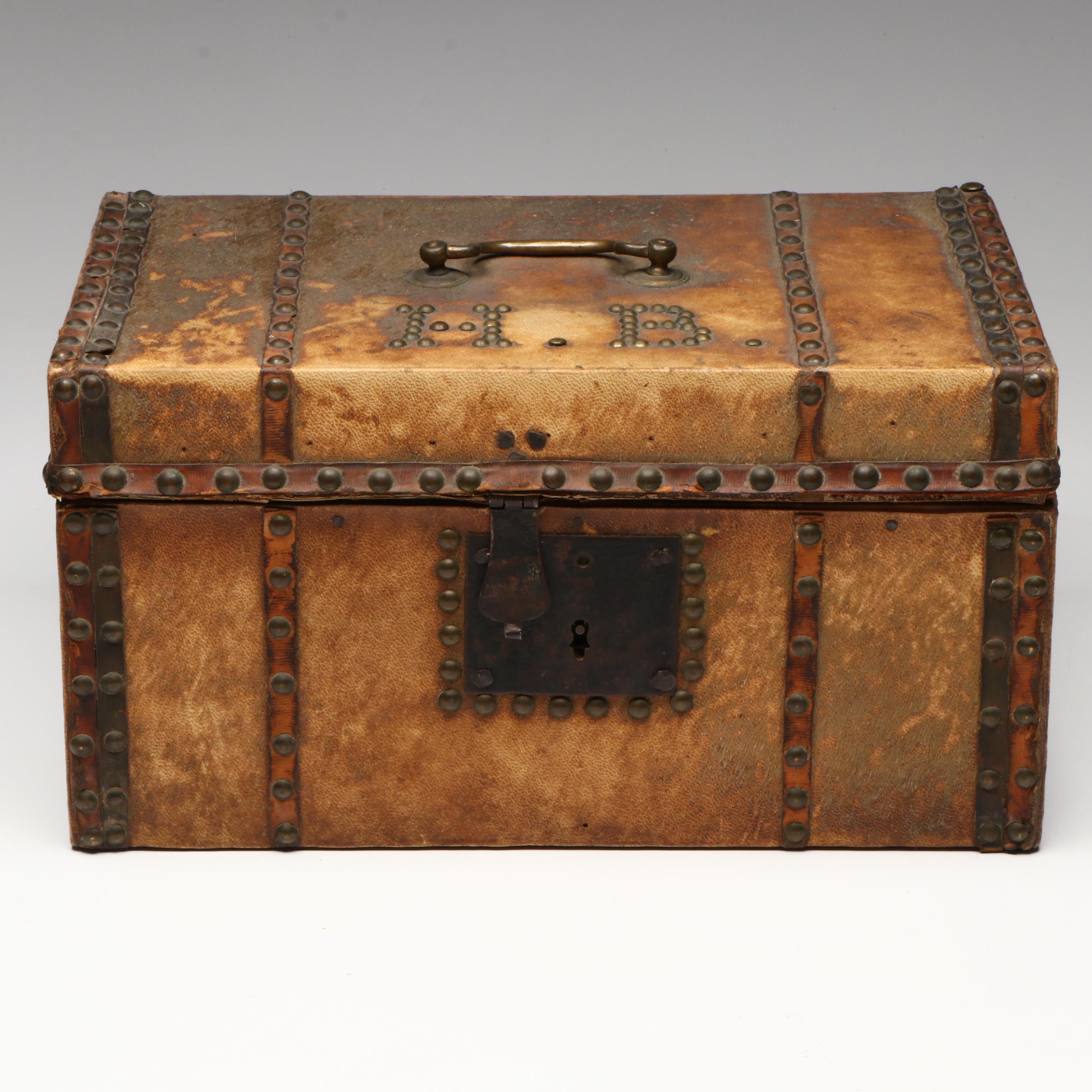 Cowhide and Brass Stud Stagecoach Box with Key, 19th Century