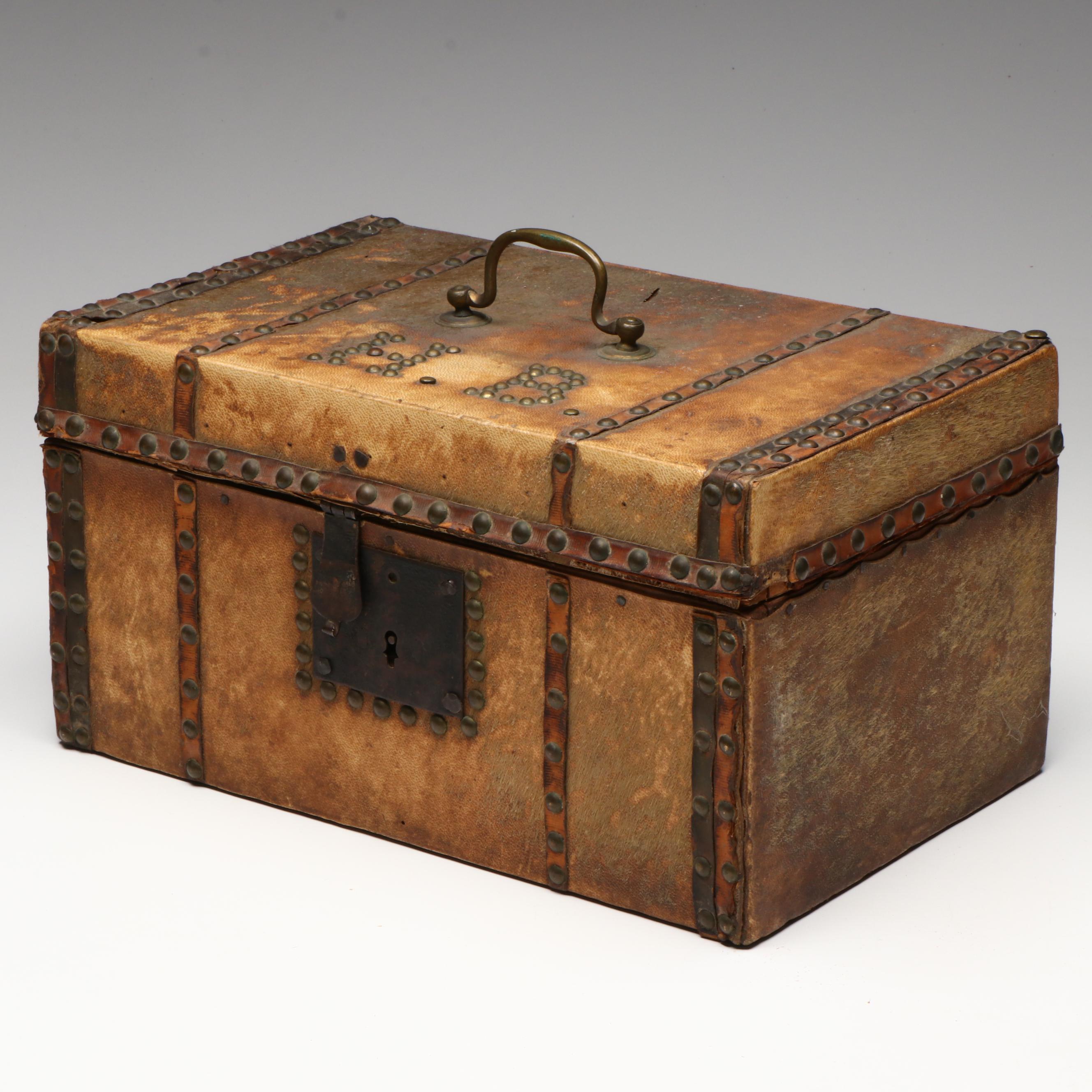 Cowhide and Brass Stud Stagecoach Box with Key, 19th Century