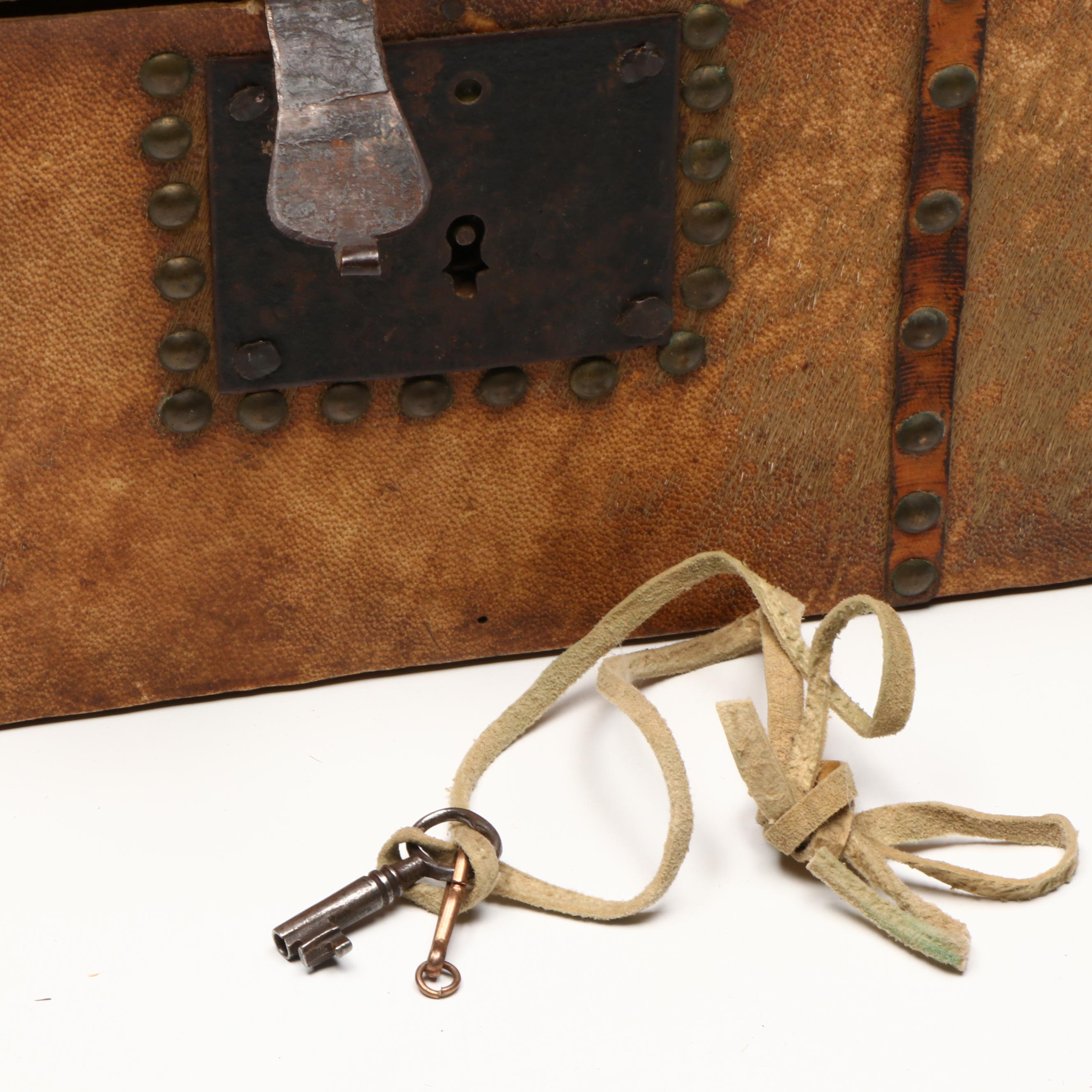 Cowhide and Brass Stud Stagecoach Box with Key, 19th Century