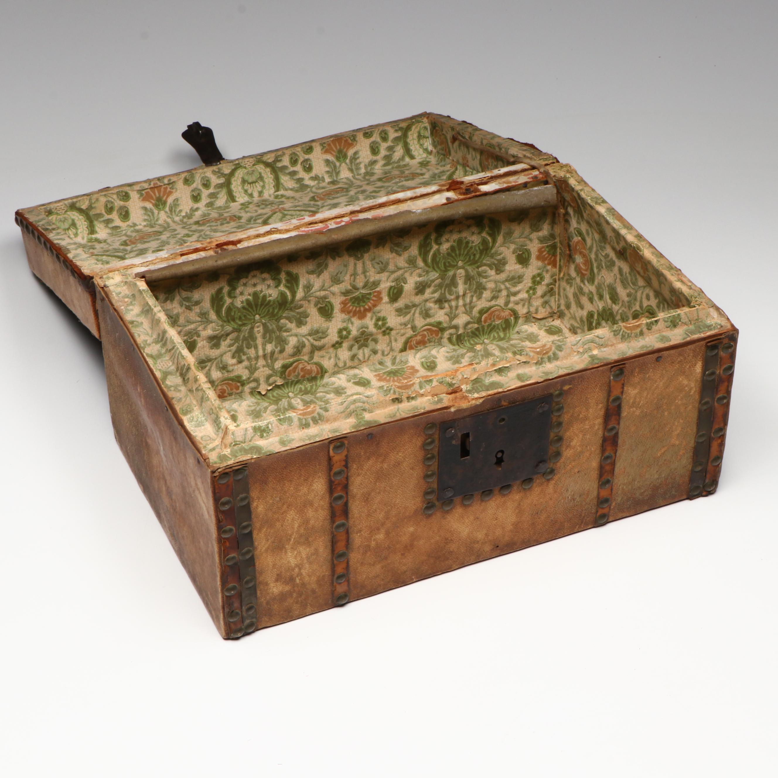 Cowhide and Brass Stud Stagecoach Box with Key, 19th Century