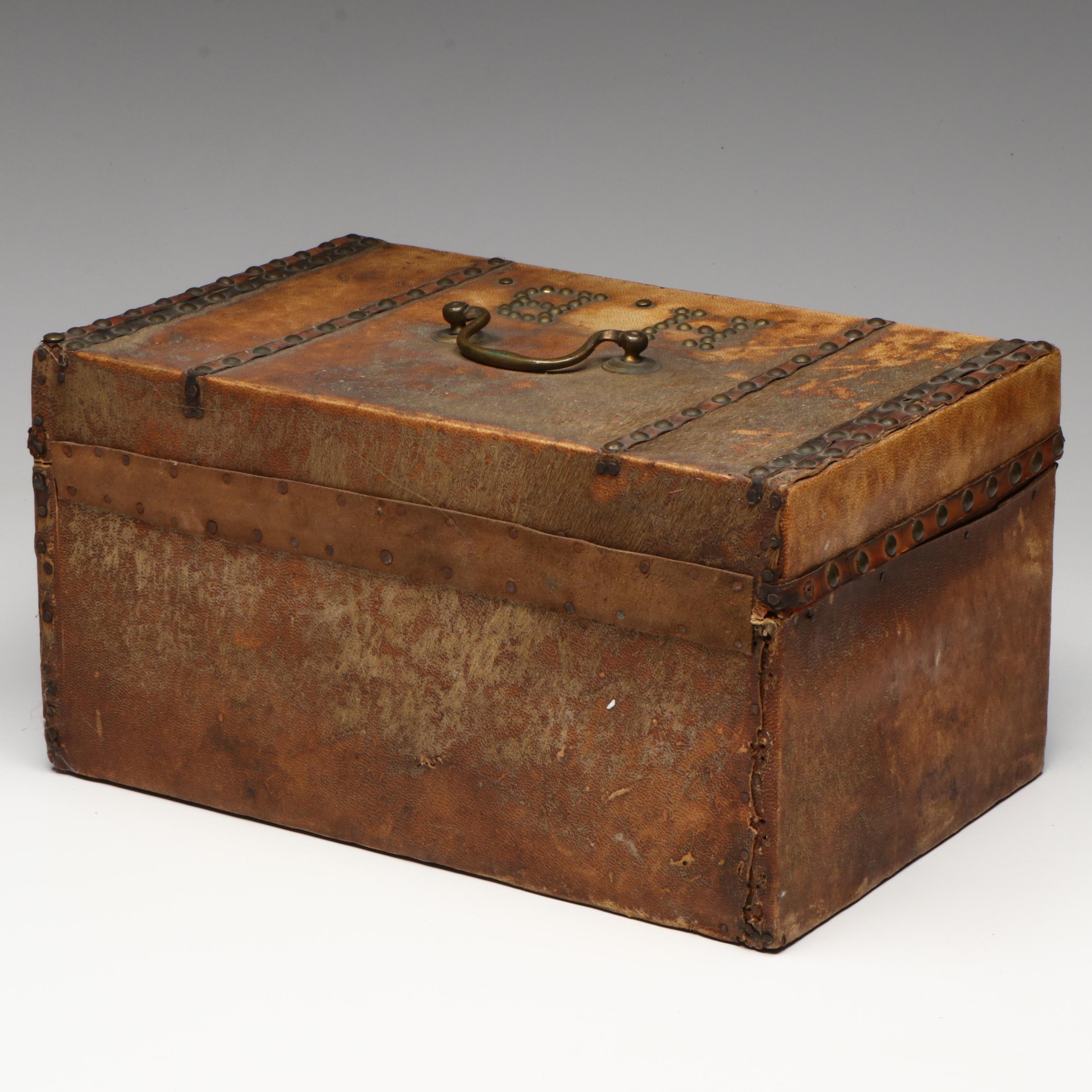 Cowhide and Brass Stud Stagecoach Box with Key, 19th Century