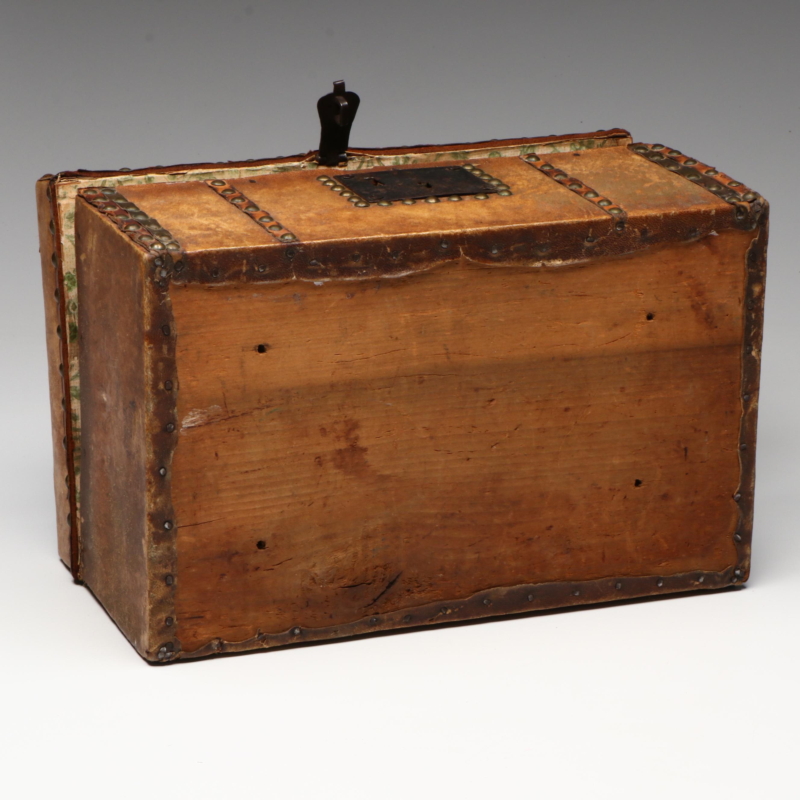 Cowhide and Brass Stud Stagecoach Box with Key, 19th Century