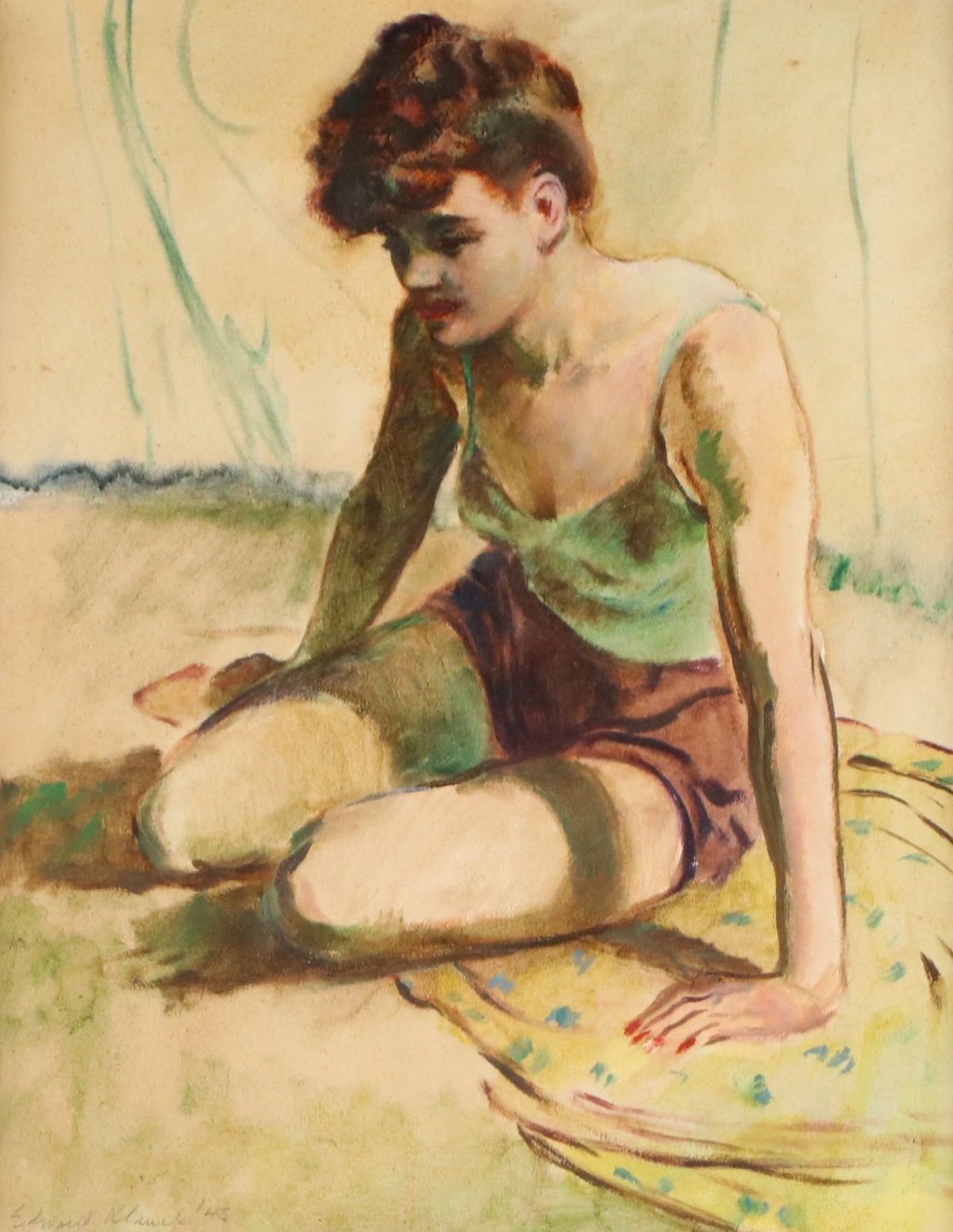 Edward A. Klauck Portrait Oil Painting of Seated Circus Performer, 1943