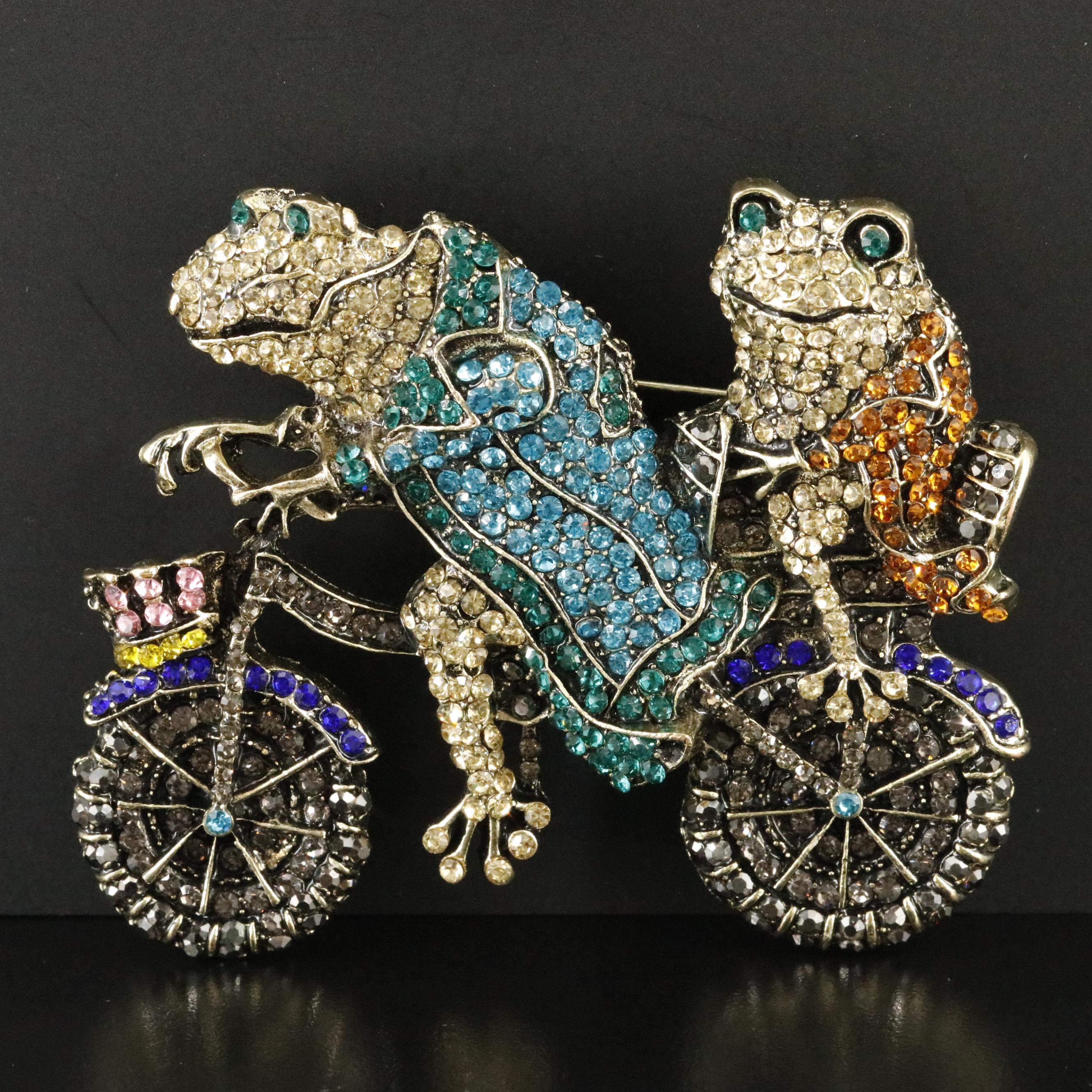 Rhinestone Frog and Toad on Bicycle Brooch