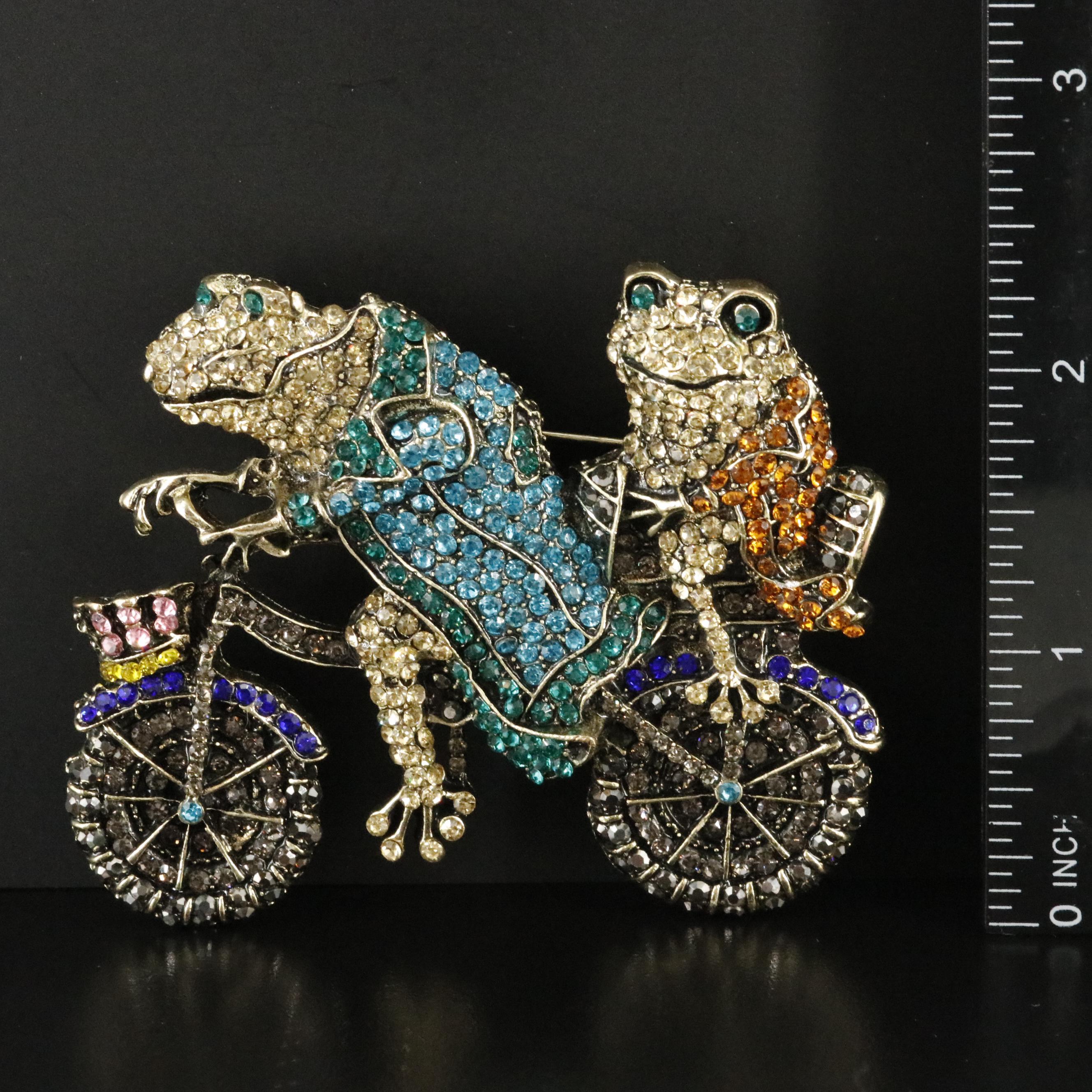Rhinestone Frog and Toad on Bicycle Brooch