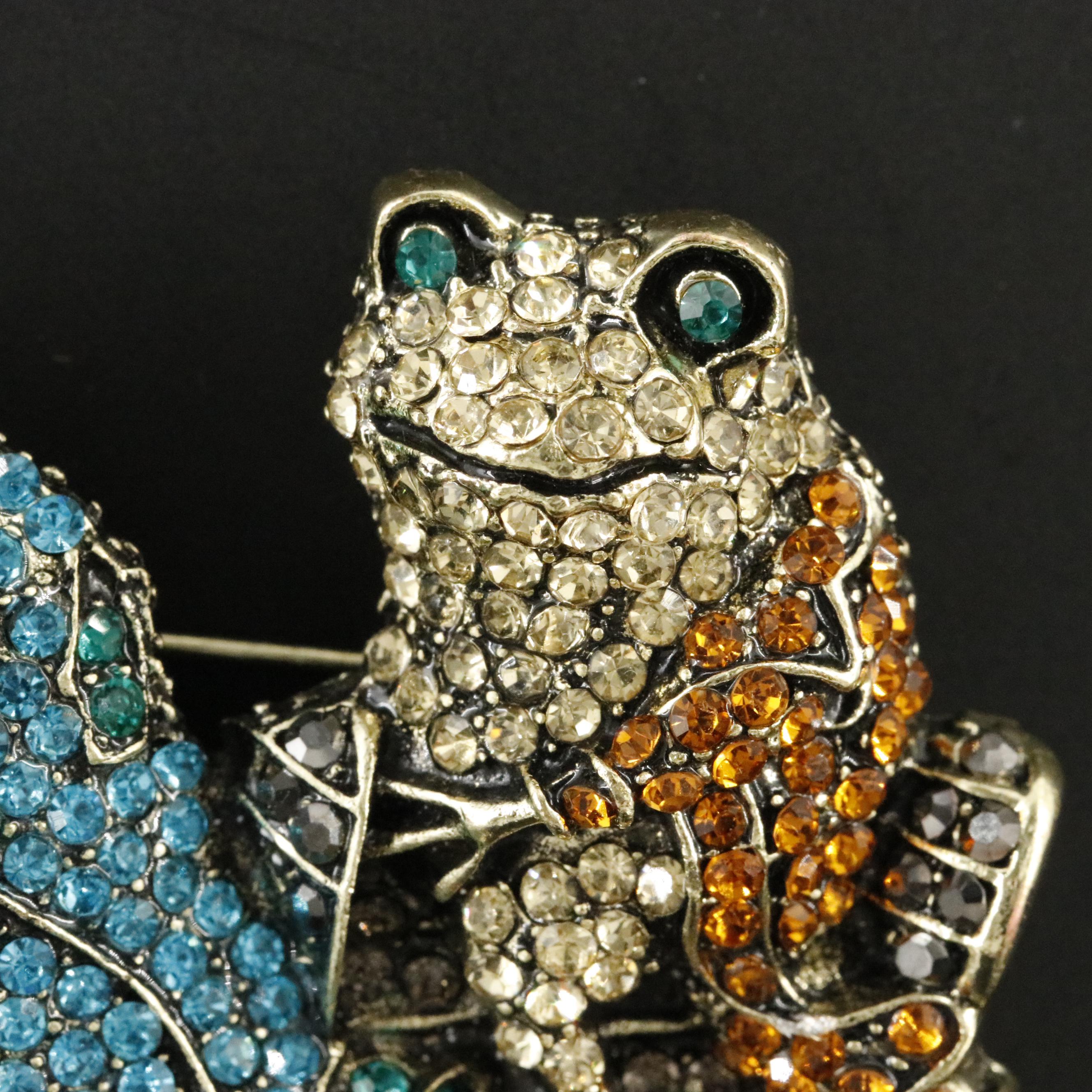 Rhinestone Frog and Toad on Bicycle Brooch