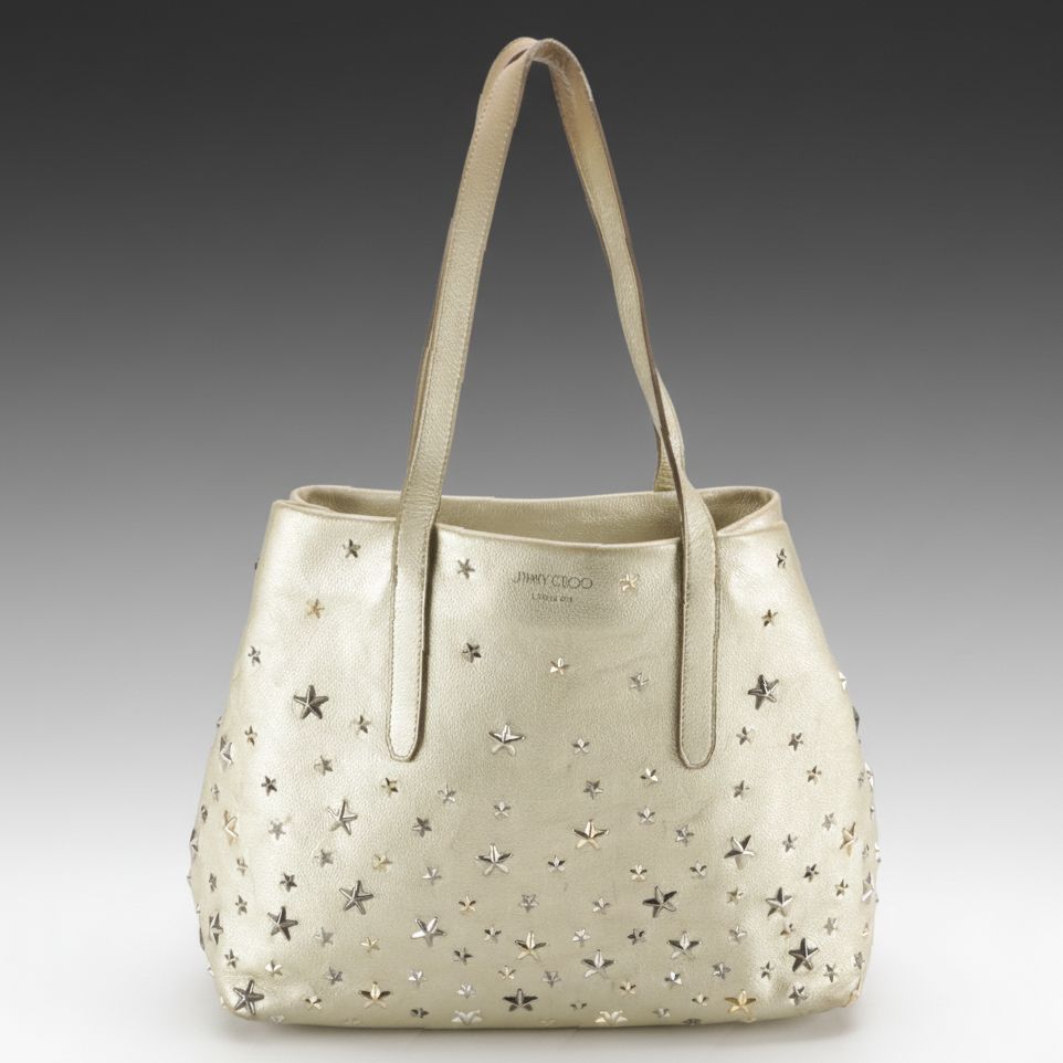 Jimmy Choo Star Studded Tote Bag in Metallic Gold Grained Calf Leather