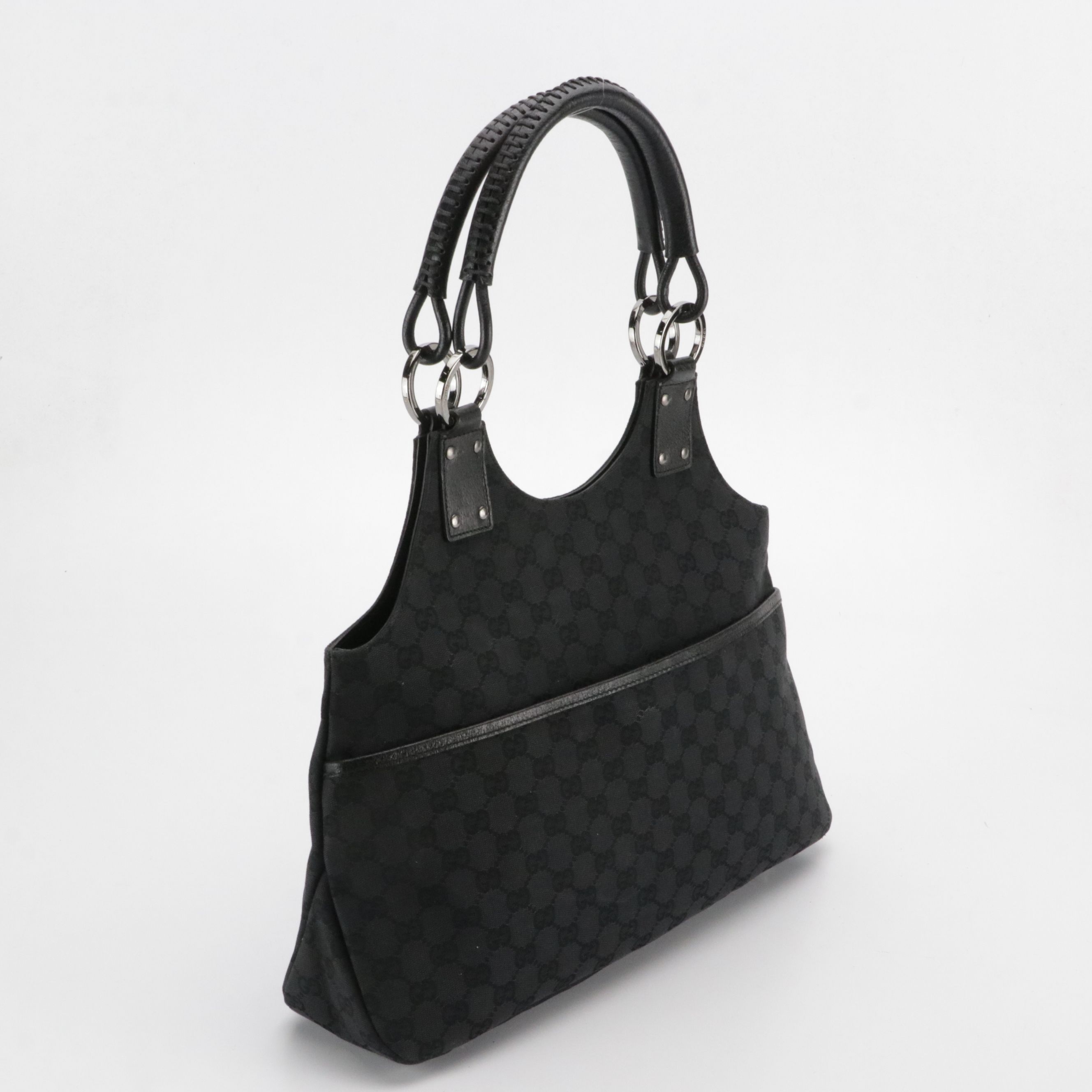 Gucci Front Pocket Hobo Shoulder Bag in Black GG Canvas and Leather