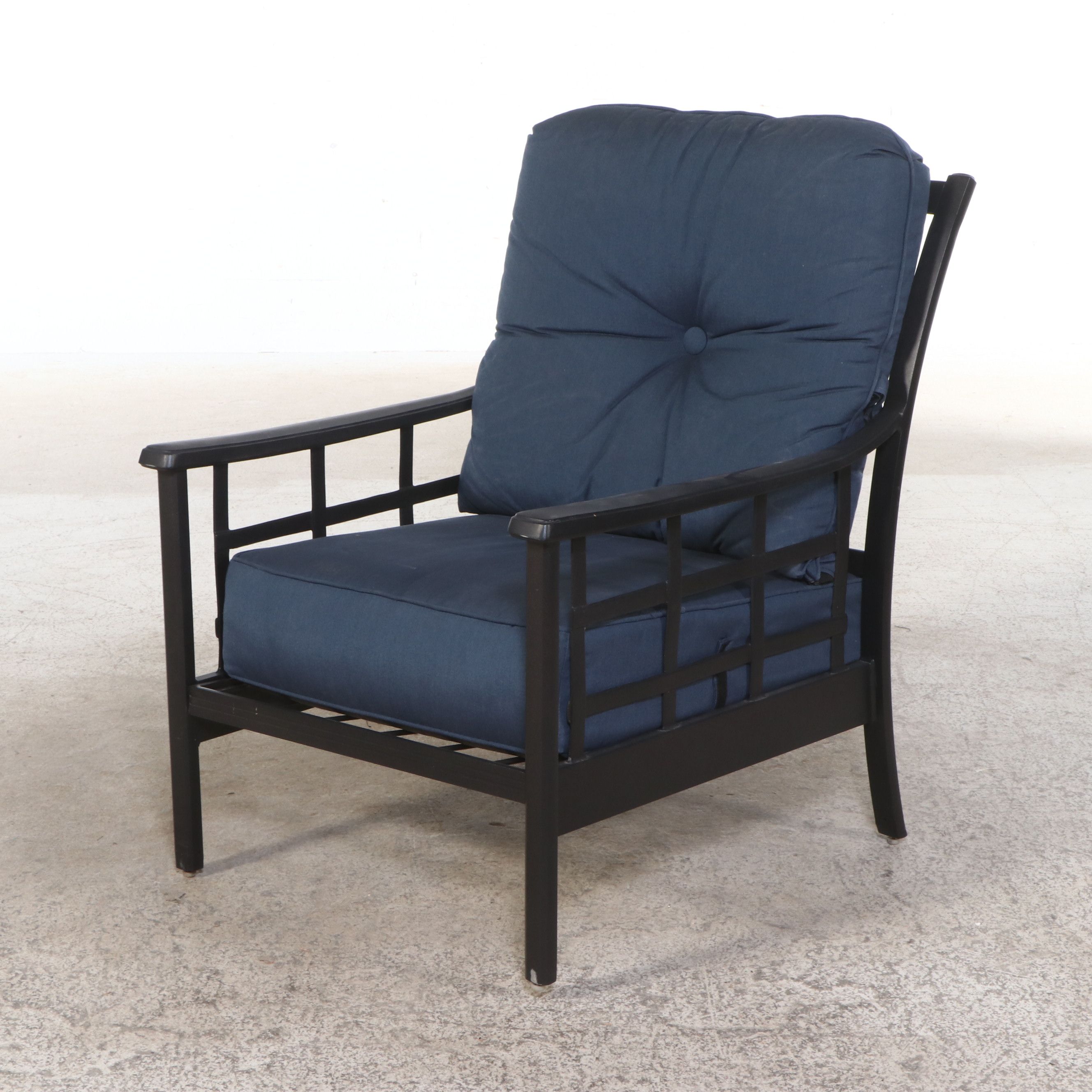 Two Contemporary Metal Patio Chairs and Ottoman with Accent Tables