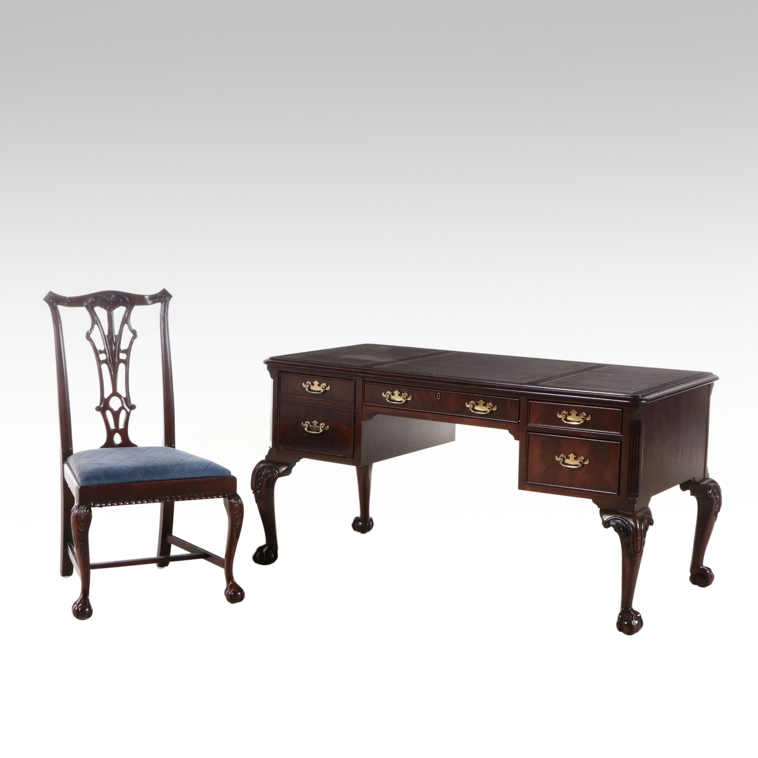 Chippendale Style Mahogany Tooled Leather Top Desk with Coordinating Chair