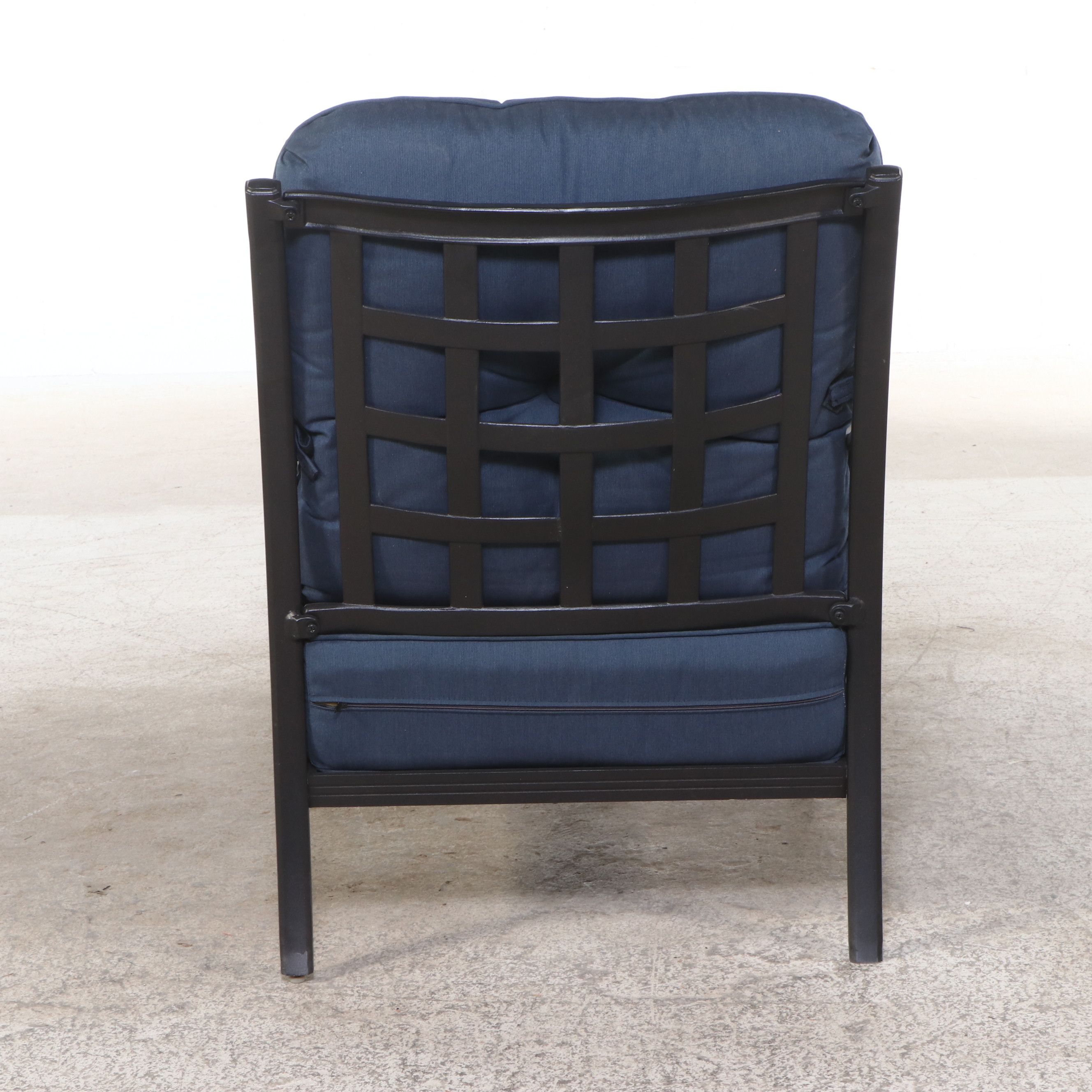 Two Contemporary Metal Patio Chairs and Ottoman with Accent Tables