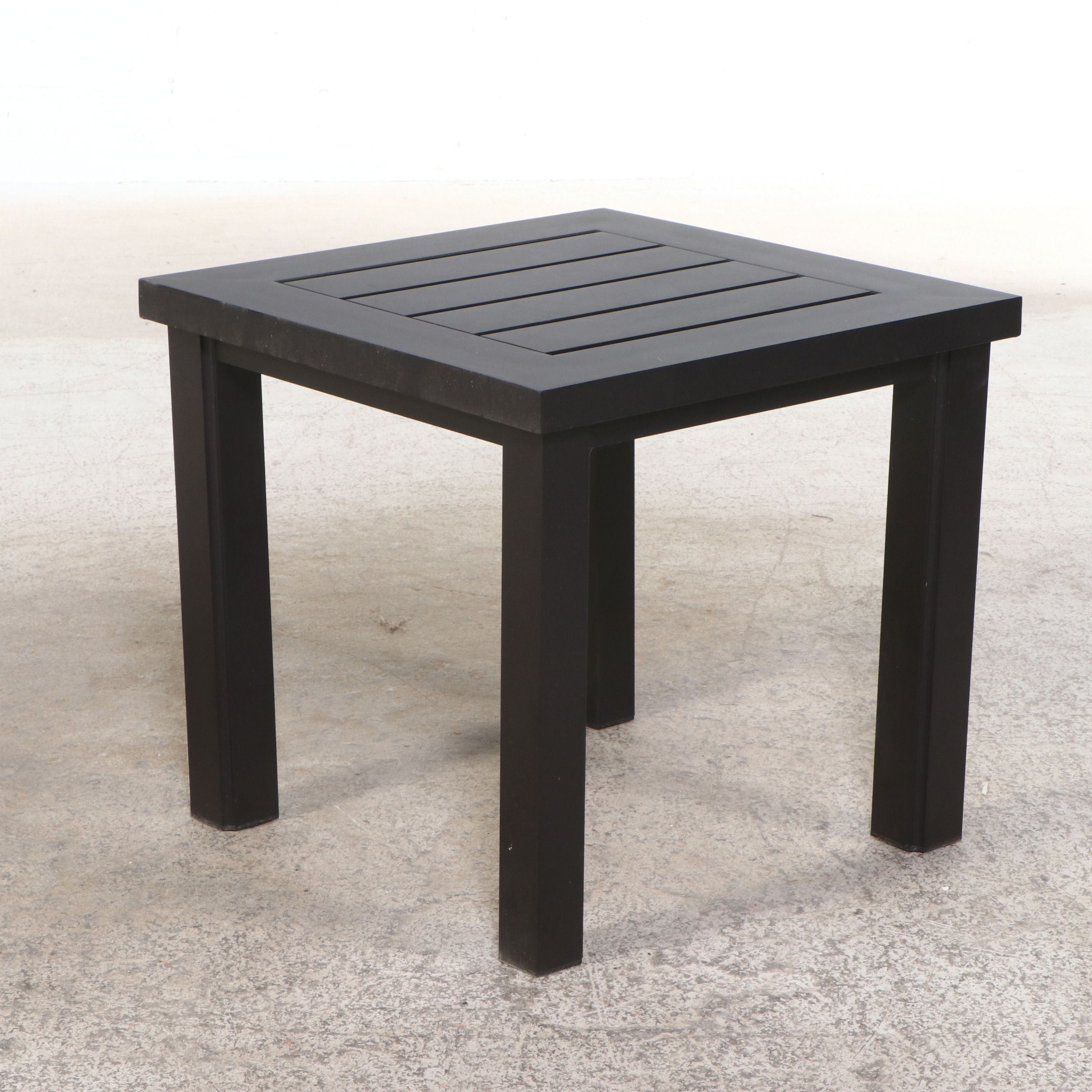 Two Contemporary Metal Patio Chairs and Ottoman with Accent Tables