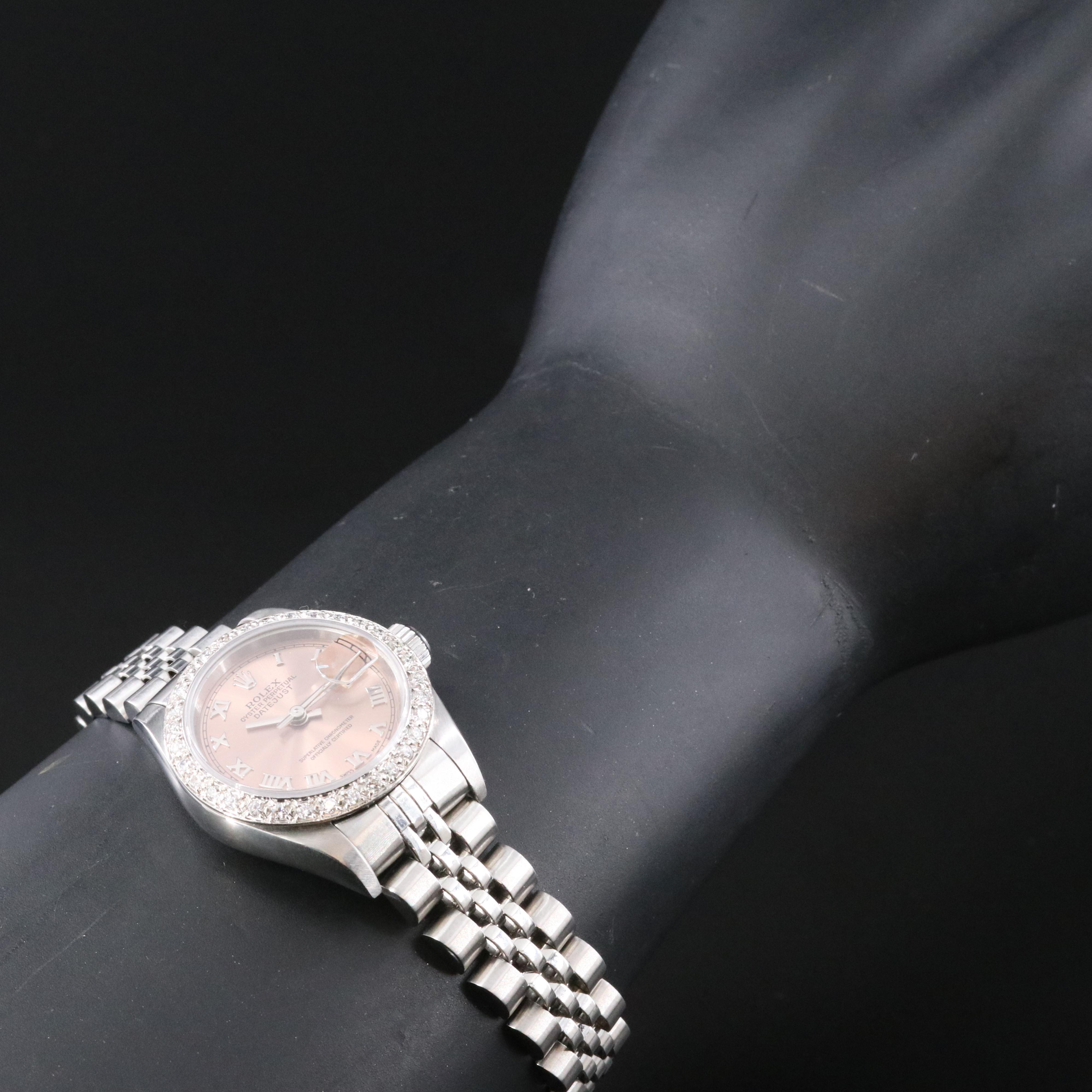 2002 Rolex Custom Diamond Bezel Salmon Dial Datejust Watch 79174