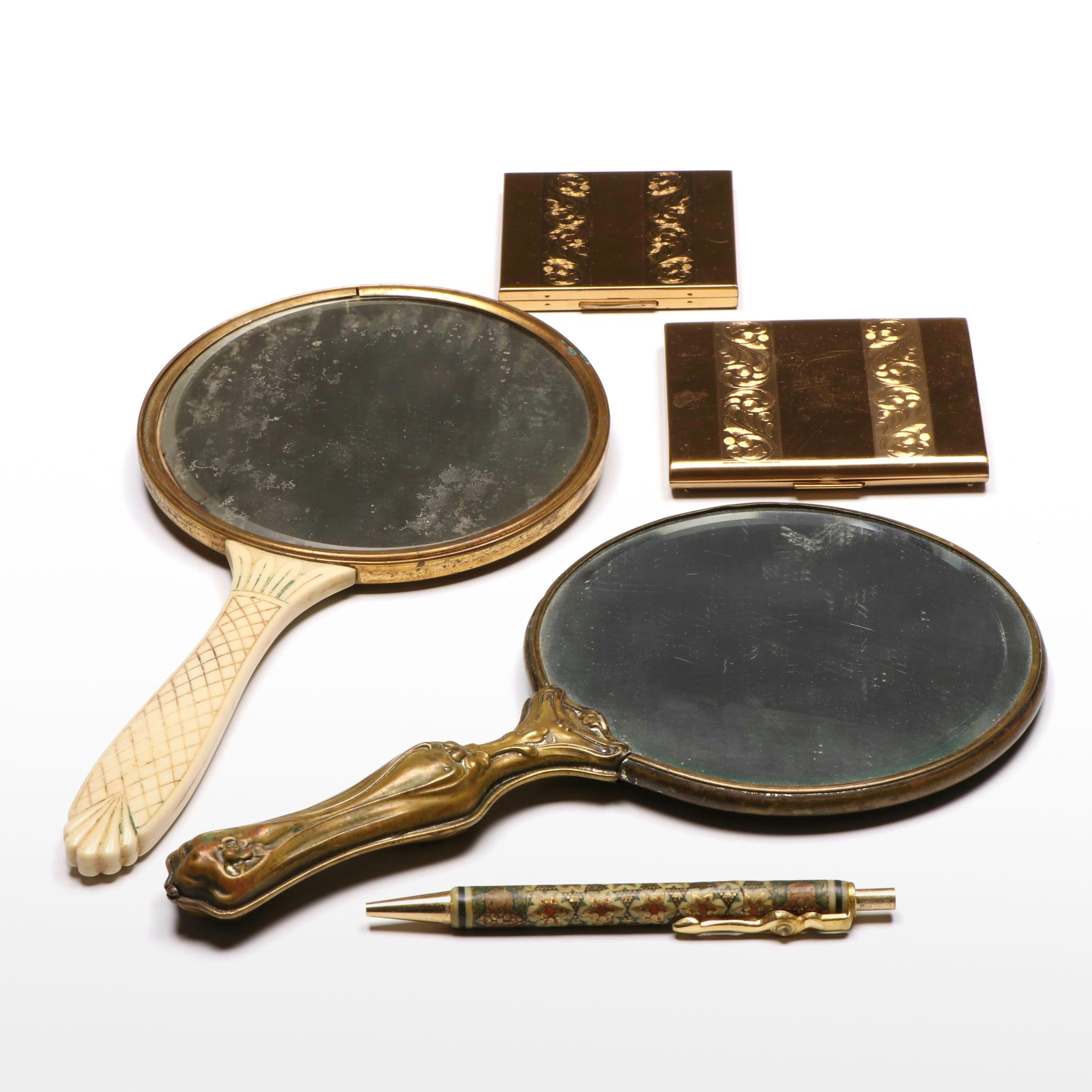 Elgin Gold Finish Compacts with Brass Finish Hand Mirrors and Ceneter Pen