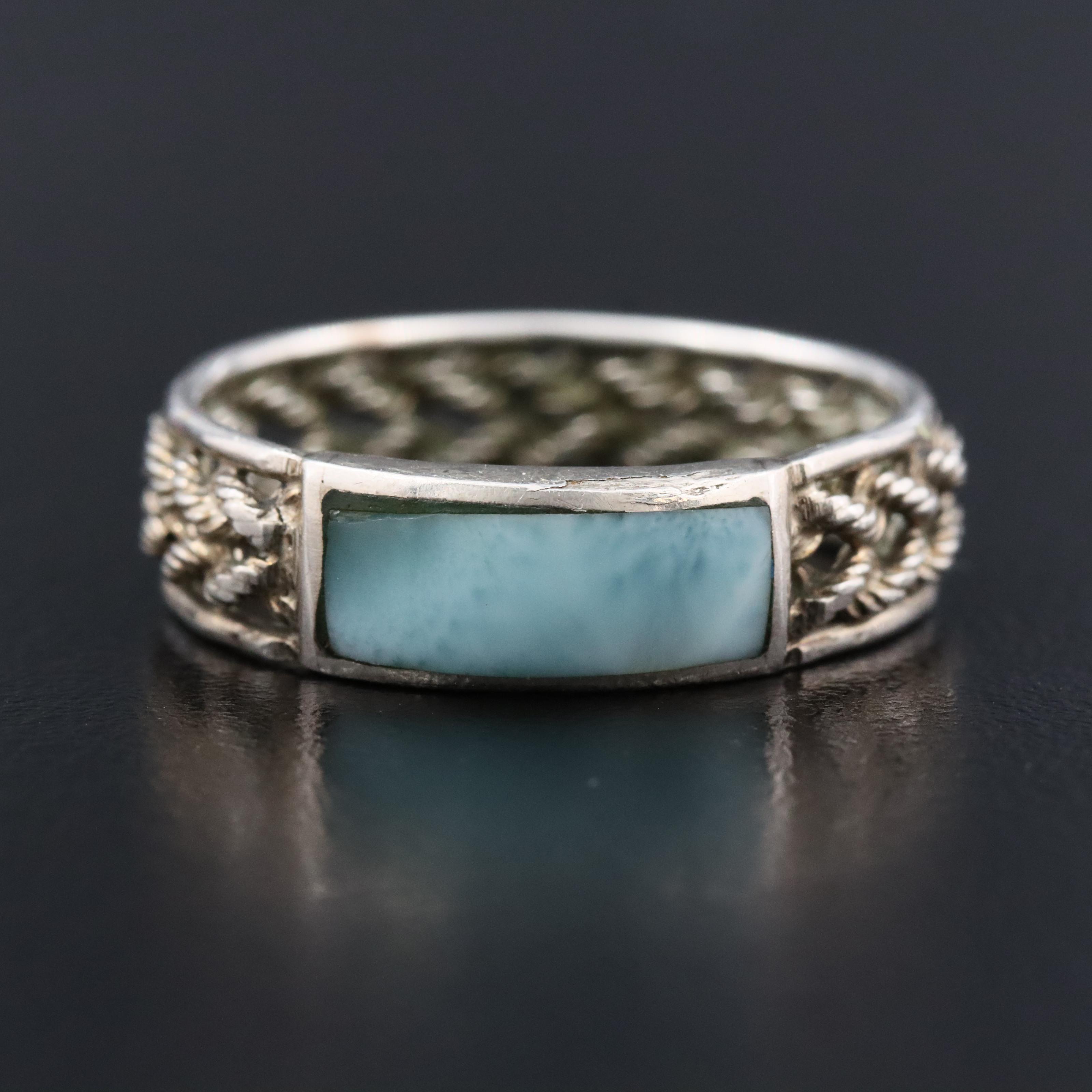 Sterling Larimar Ring with Rope Details