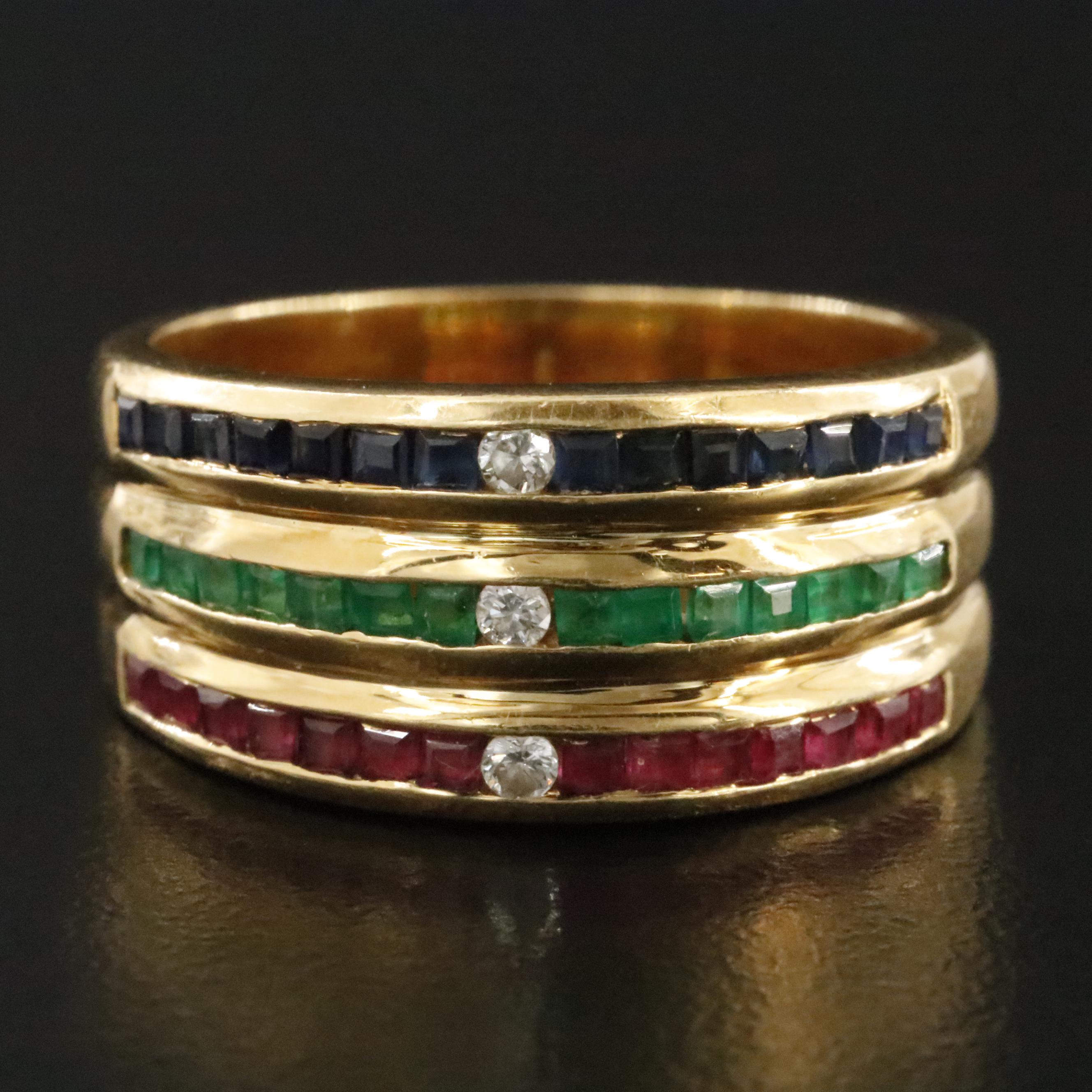 18K Ruby, Emerald, Sapphire and Diamond Ring