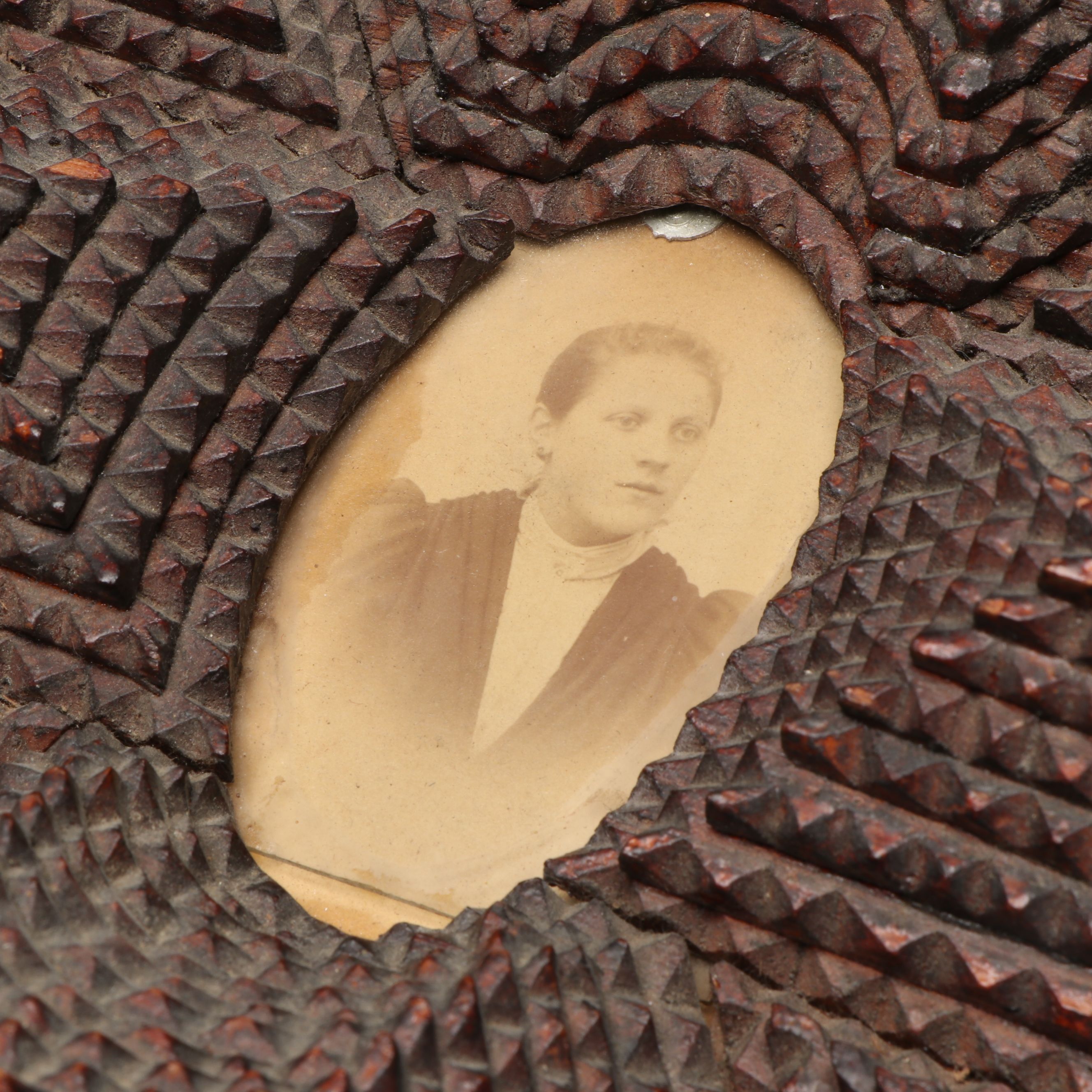 Chip-Carved Wooden Tramp Art Frame with Antique Photograph