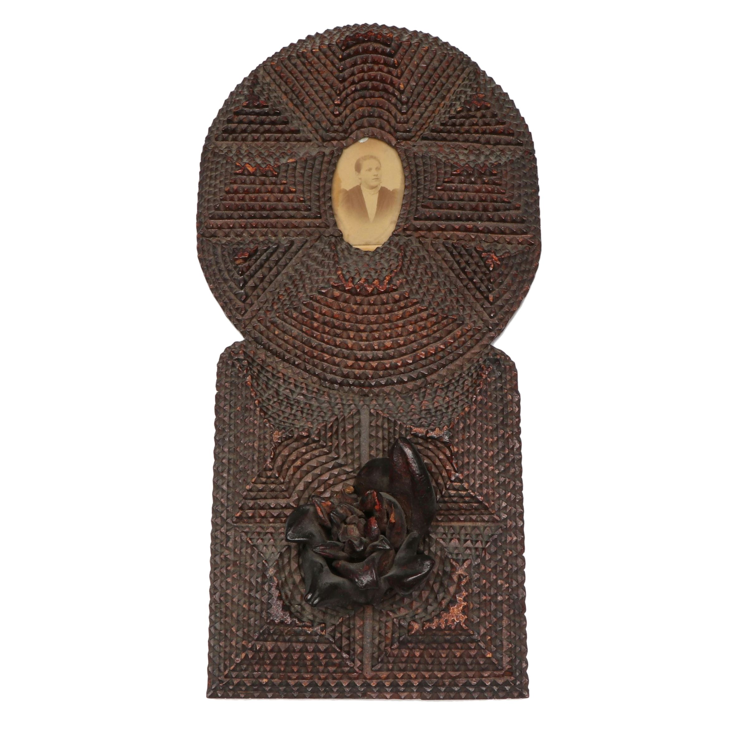 Chip-Carved Wooden Tramp Art Frame with Antique Photograph