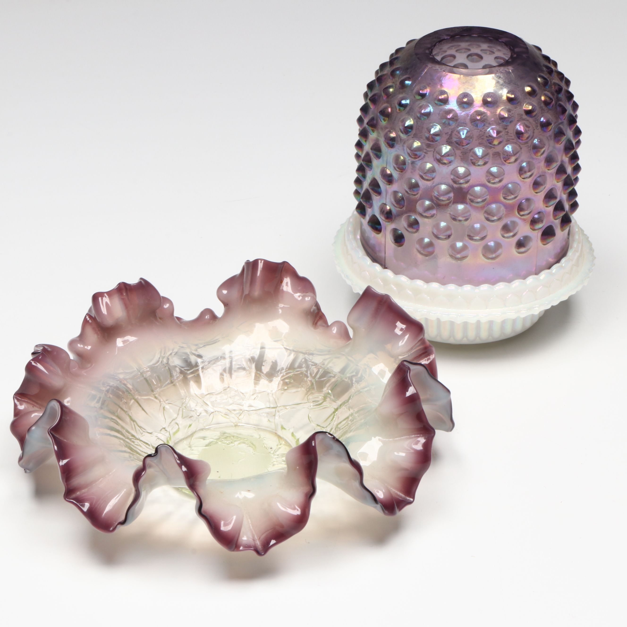 Fenton Hobnail Iridized Amethyst Fairy Light and Ruffled Bowl