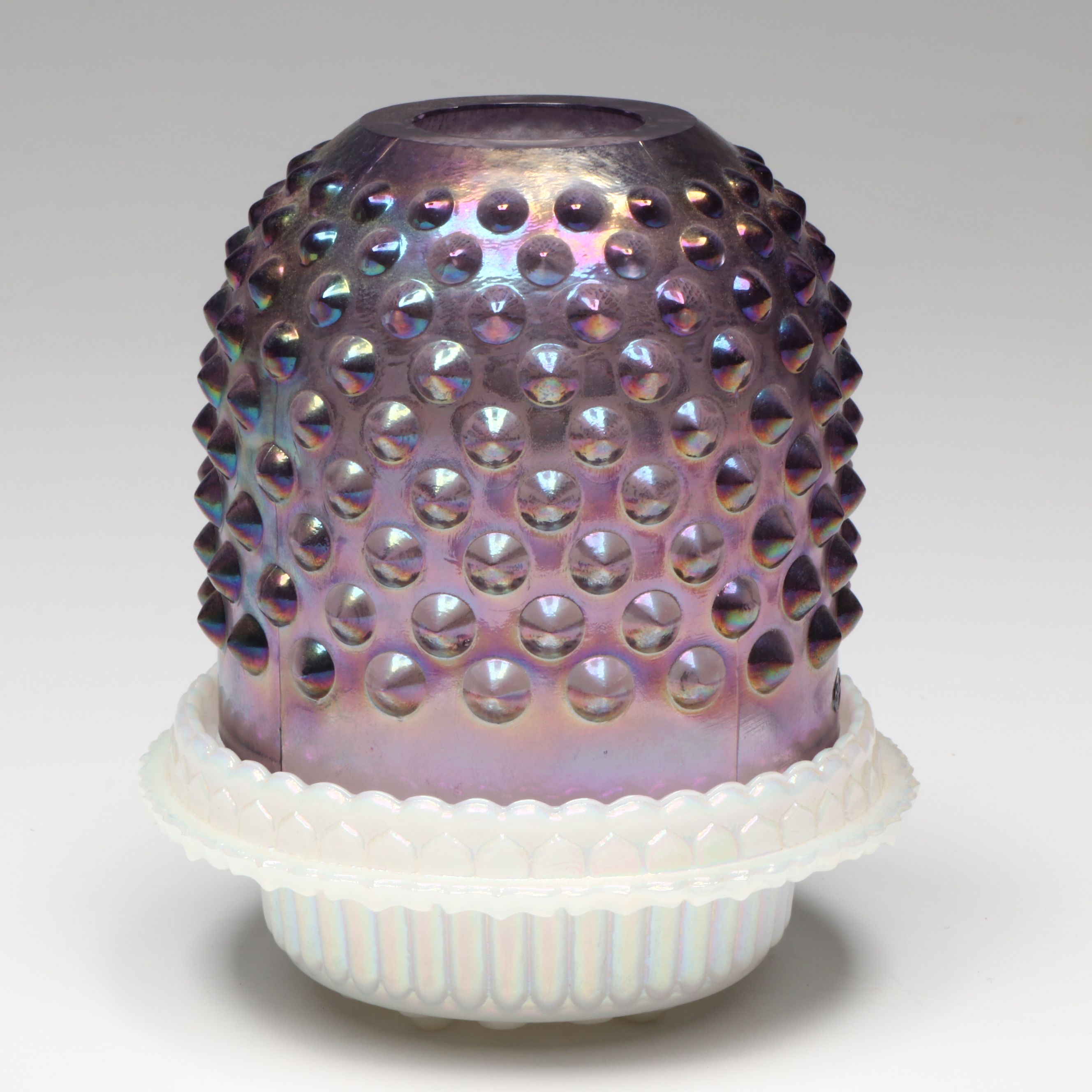 Fenton Hobnail Iridized Amethyst Fairy Light and Ruffled Bowl