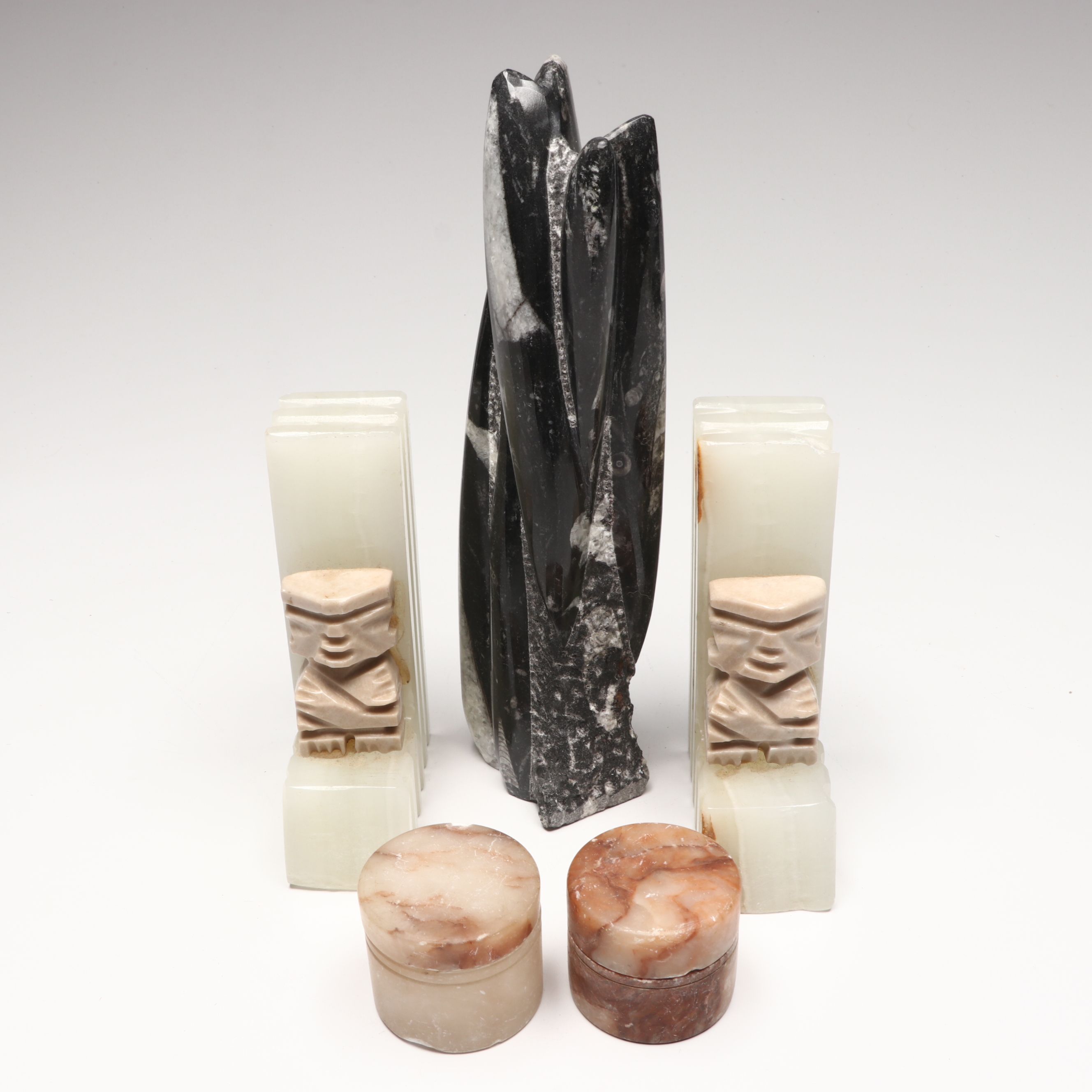 Orthoceras in Matrix, Calcite Salt Cellars and Banded Calcite Bookends