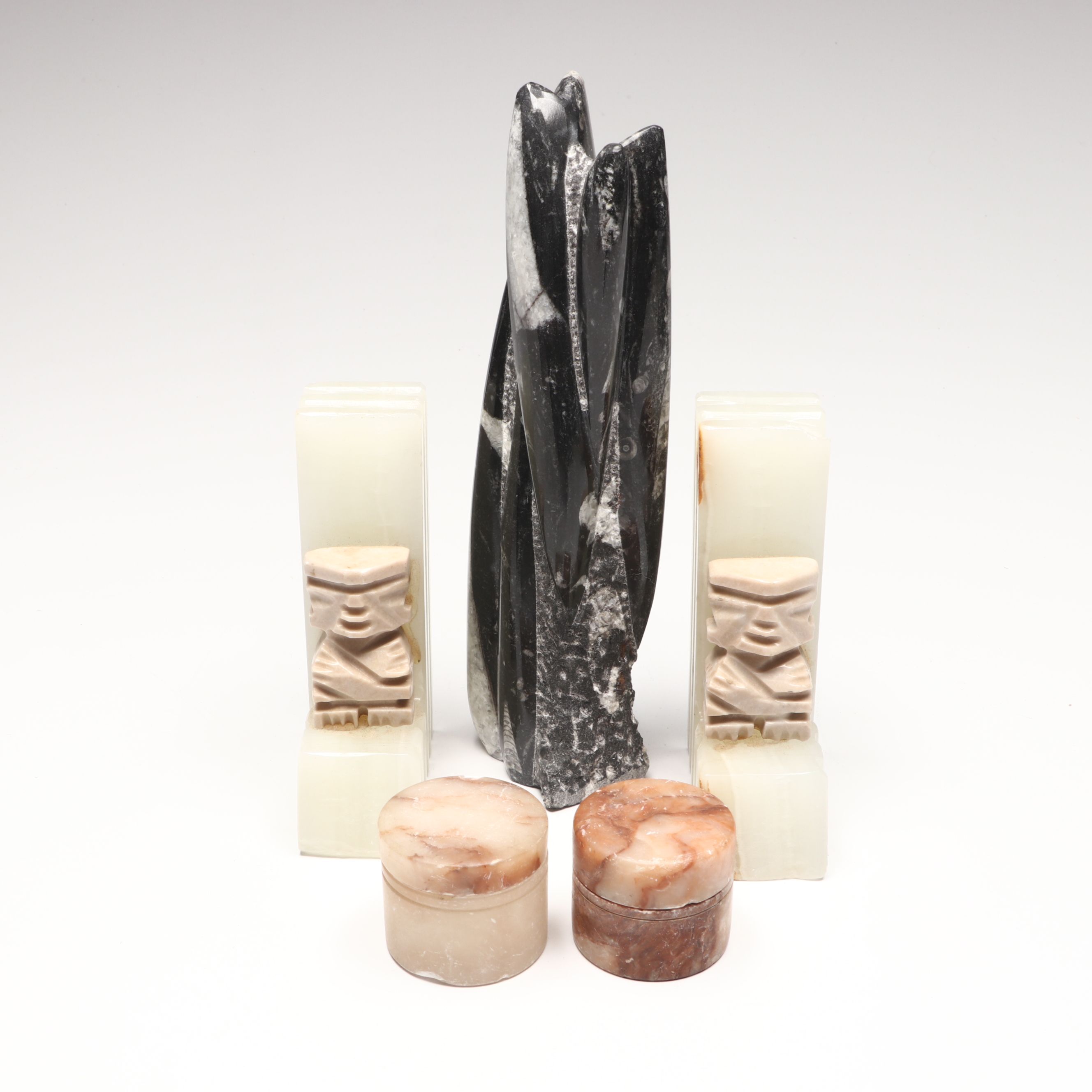 Orthoceras in Matrix, Calcite Salt Cellars and Banded Calcite Bookends