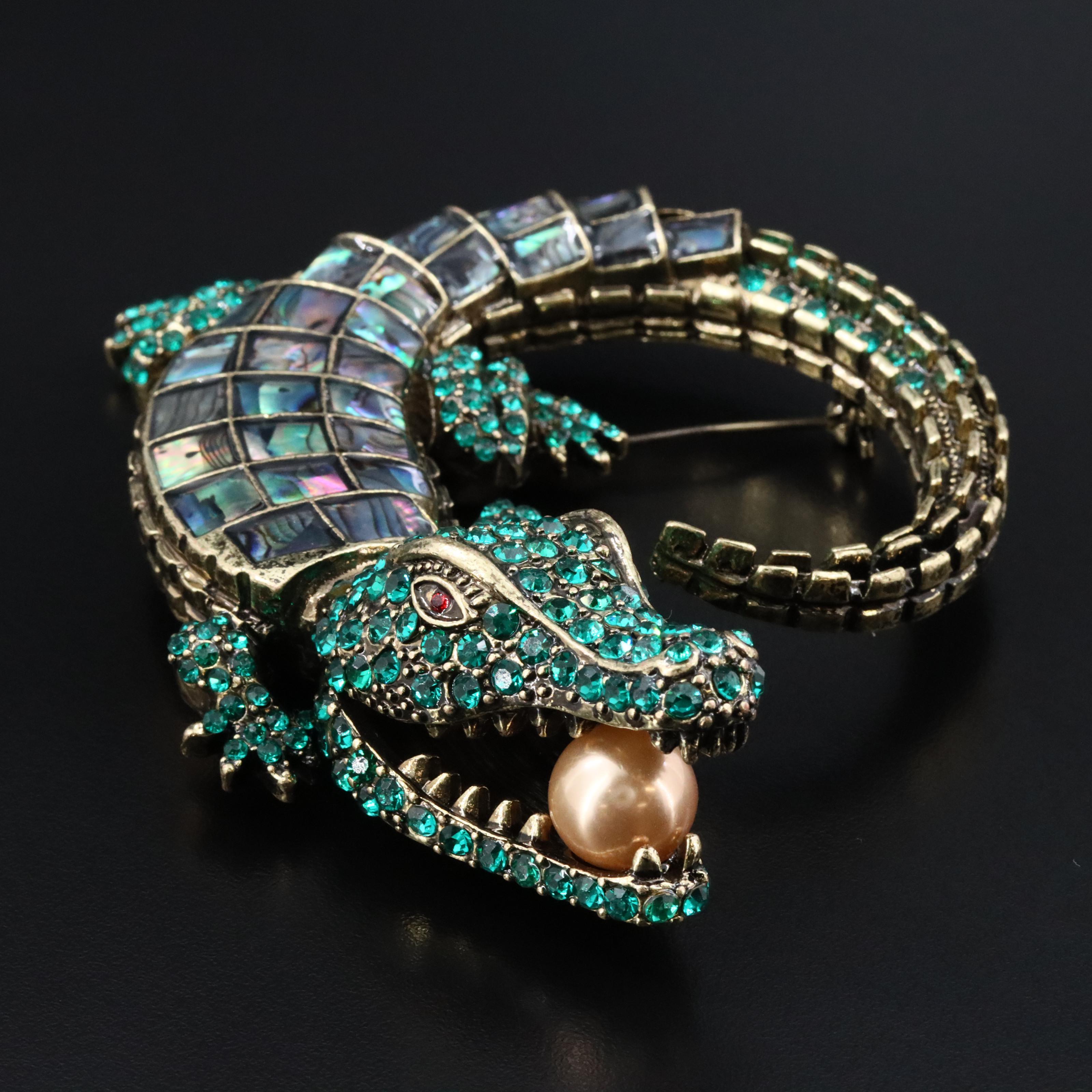 Abalone, Rhinestone and Faux Pearl Alligator Converter Brooch