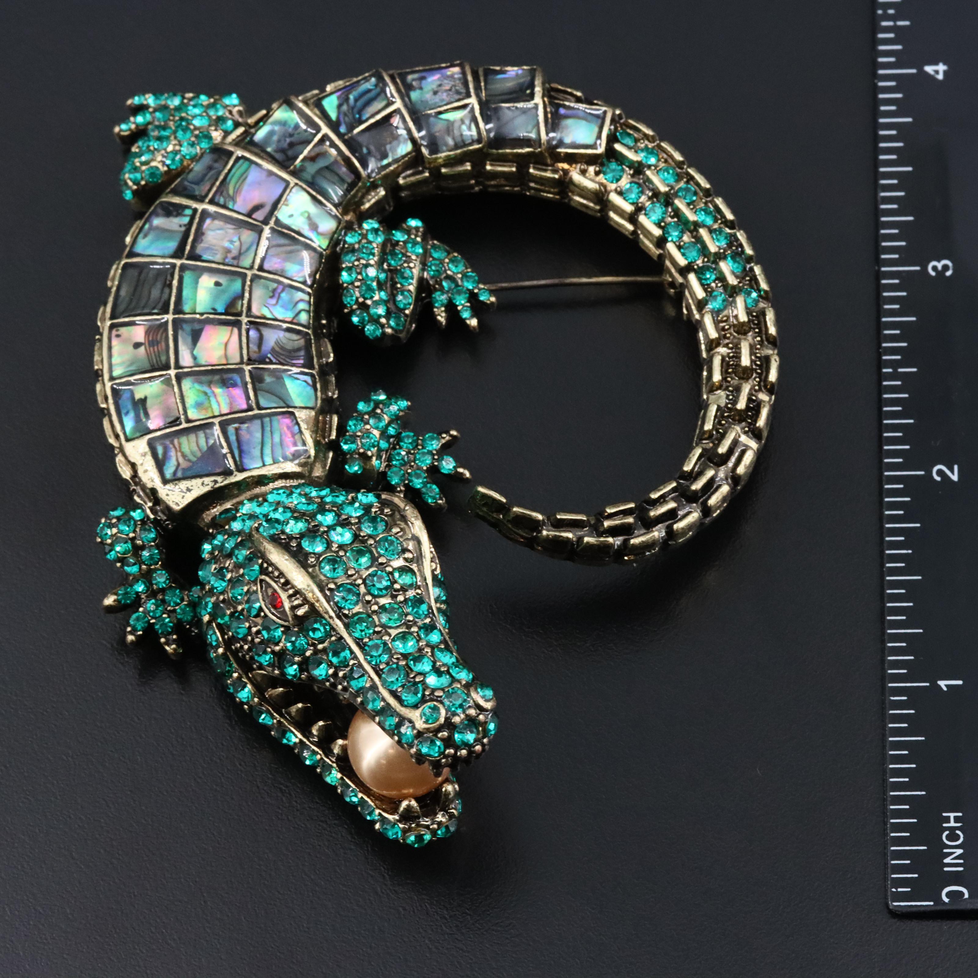 Abalone, Rhinestone and Faux Pearl Alligator Converter Brooch