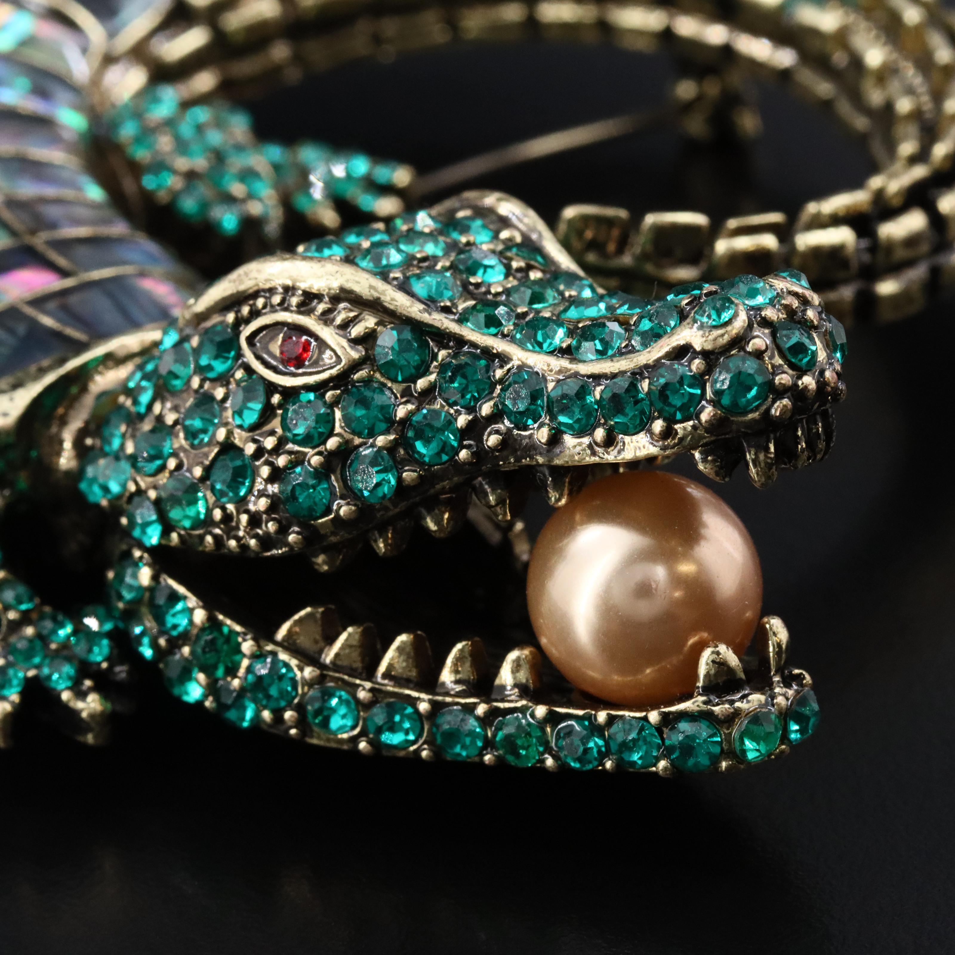 Abalone, Rhinestone and Faux Pearl Alligator Converter Brooch