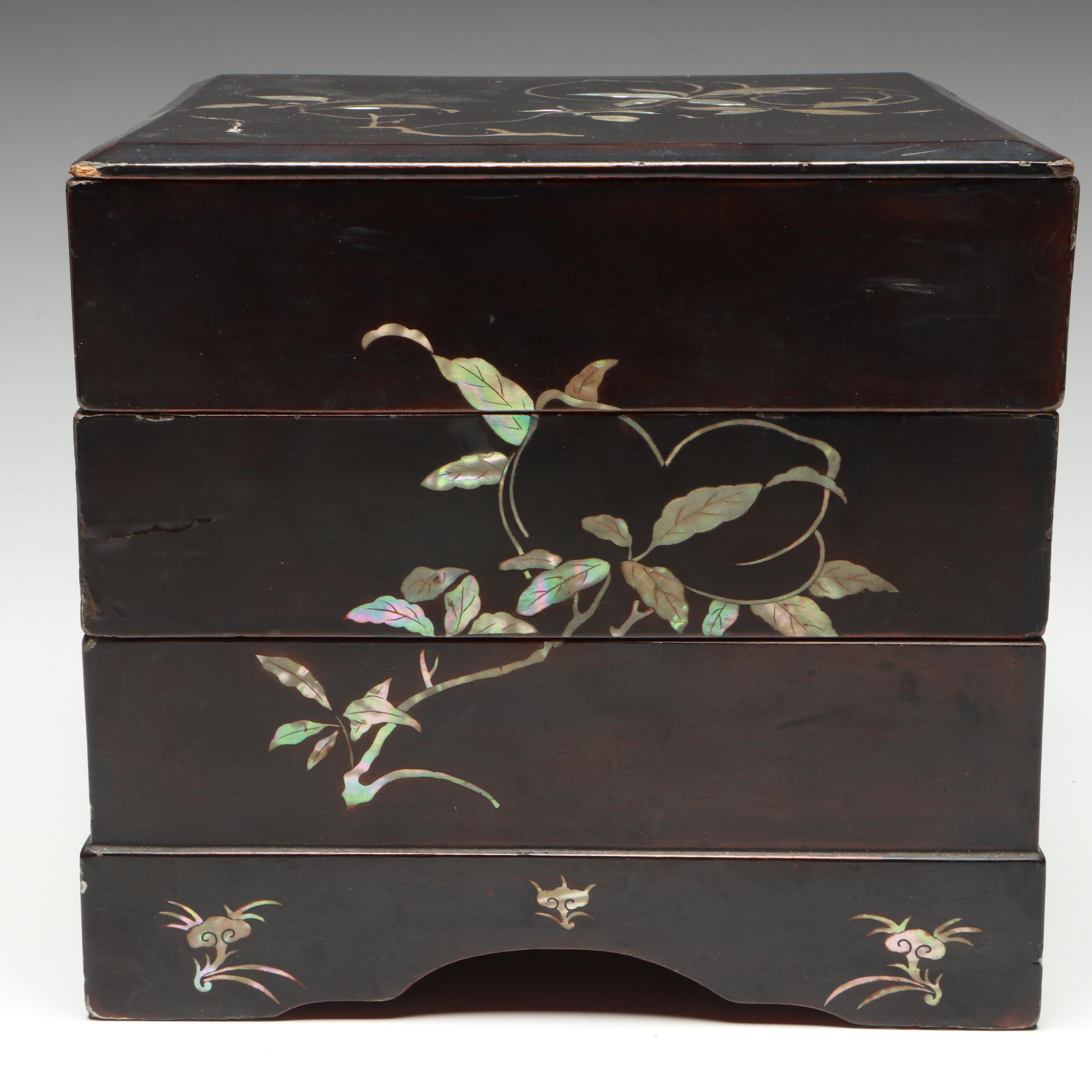 Japanese Mother-of-Pearl Inlaid Jyubako or Tiered Lacquered Wood Bento Box