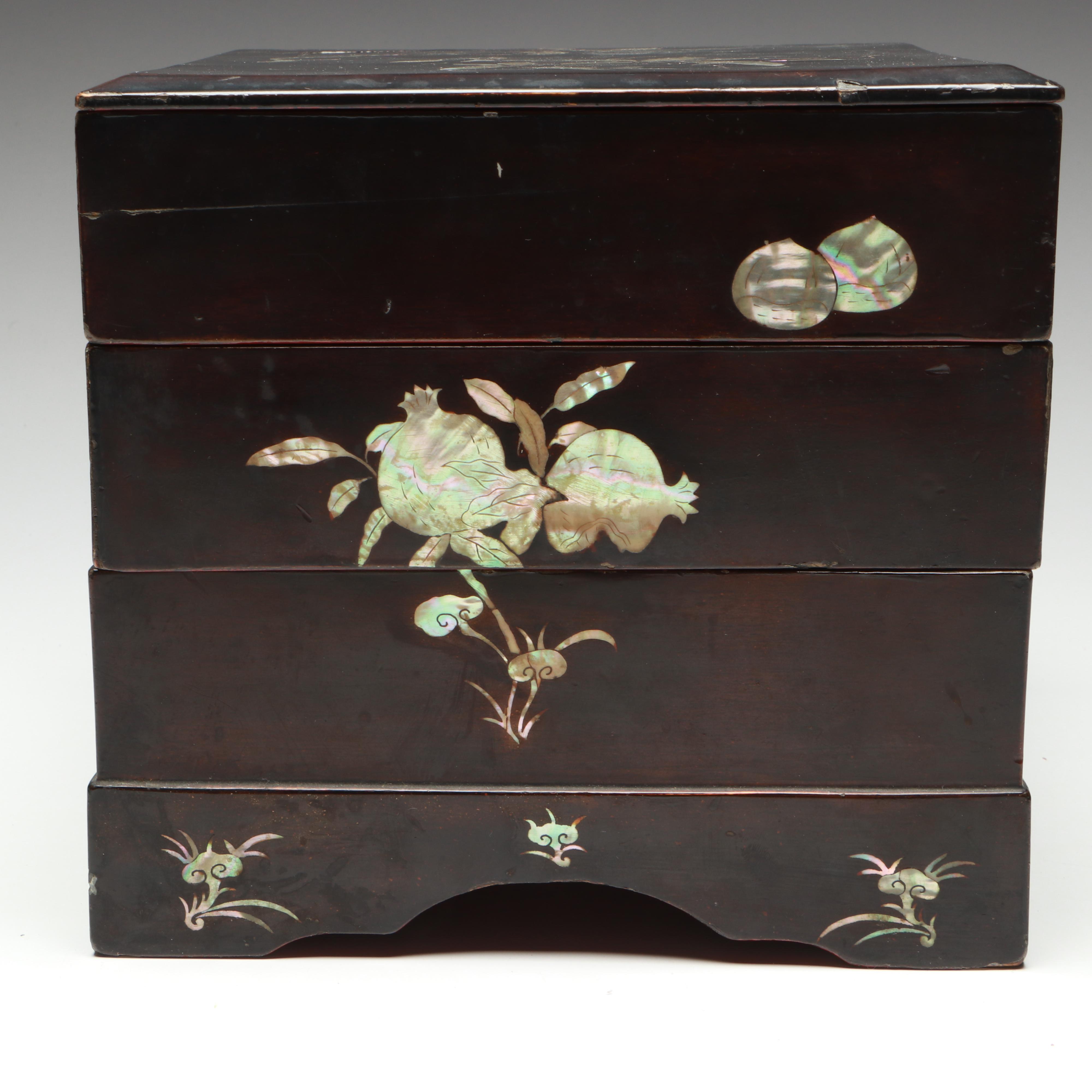 Japanese Mother-of-Pearl Inlaid Jyubako or Tiered Lacquered Wood Bento Box