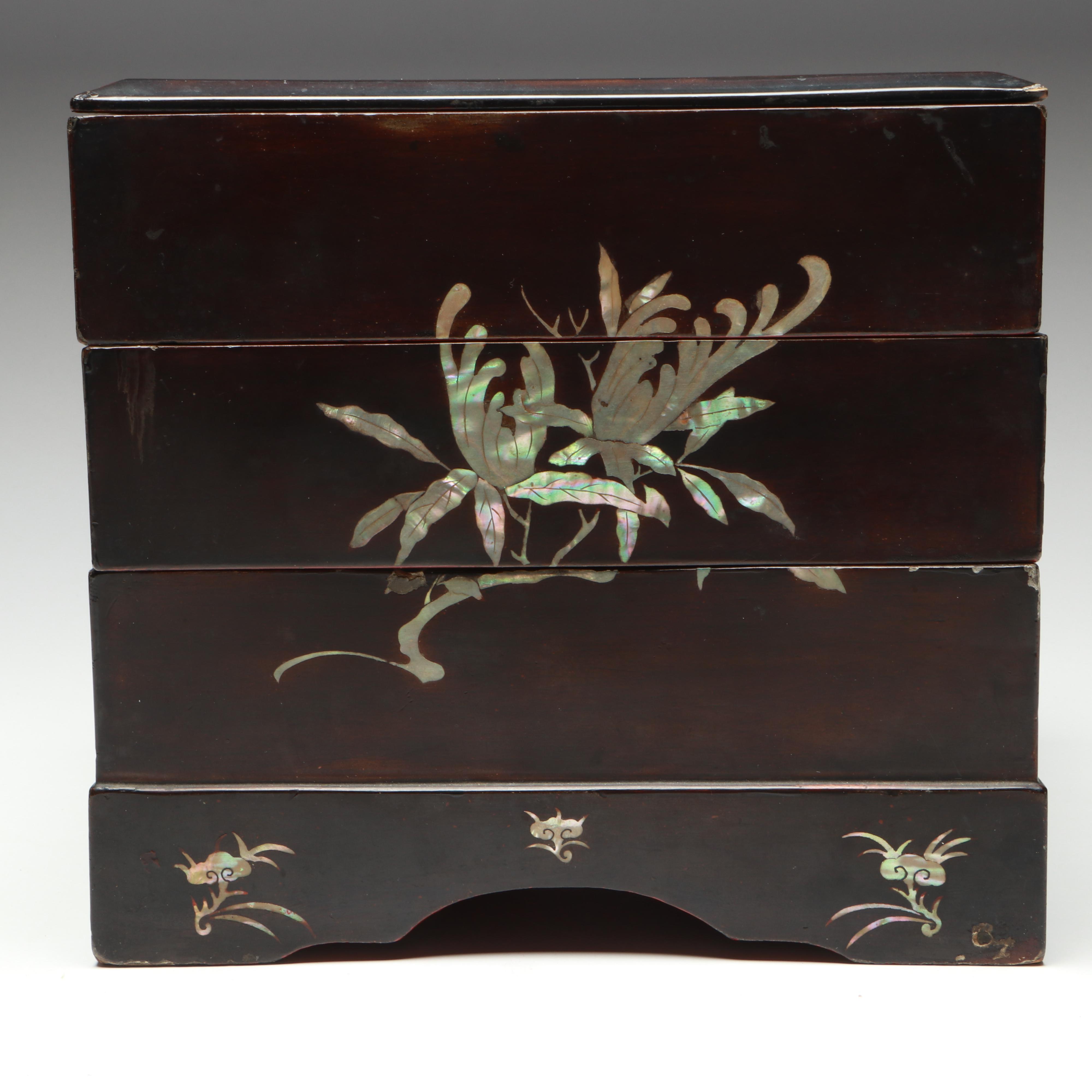 Japanese Mother-of-Pearl Inlaid Jyubako or Tiered Lacquered Wood Bento Box