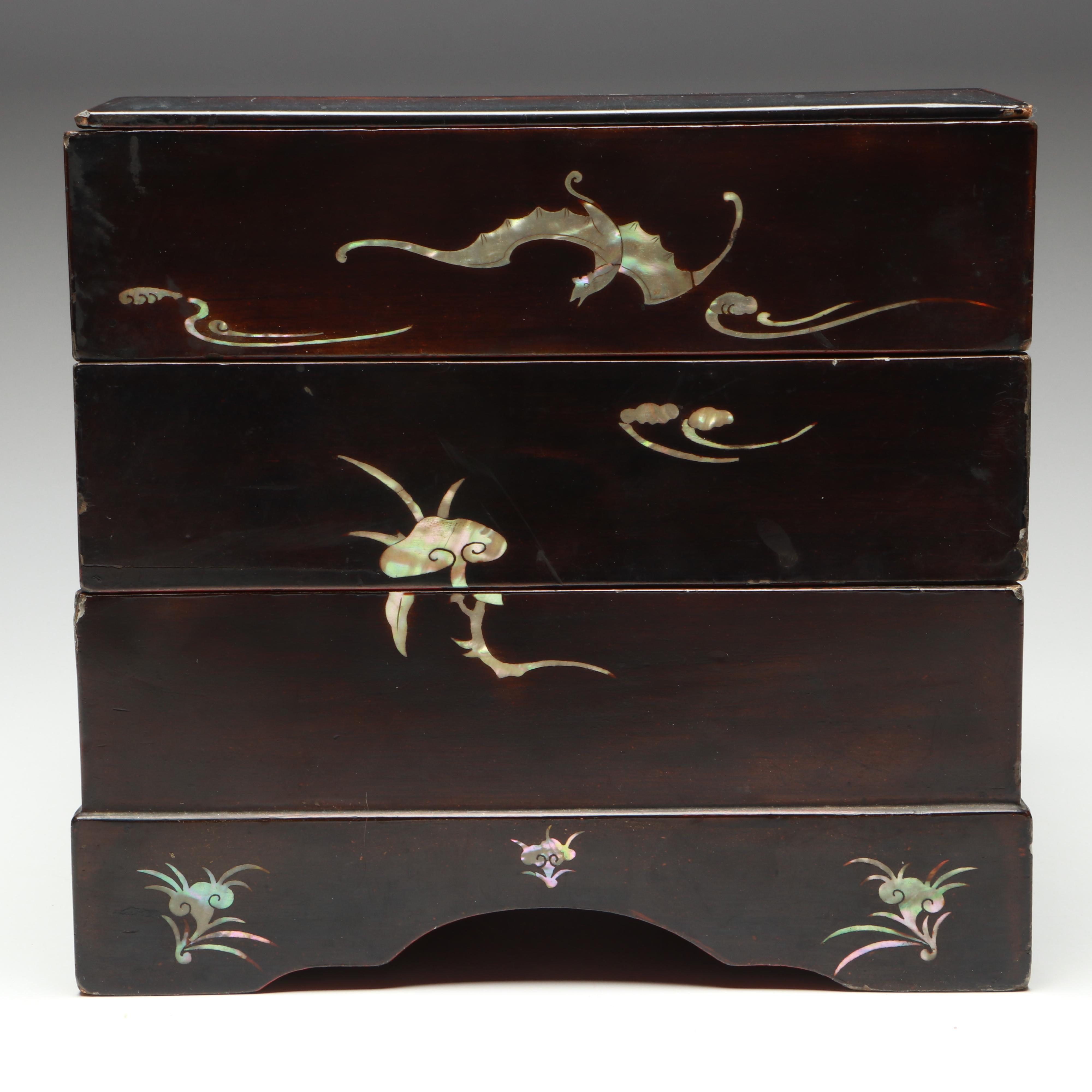 Japanese Mother-of-Pearl Inlaid Jyubako or Tiered Lacquered Wood Bento Box