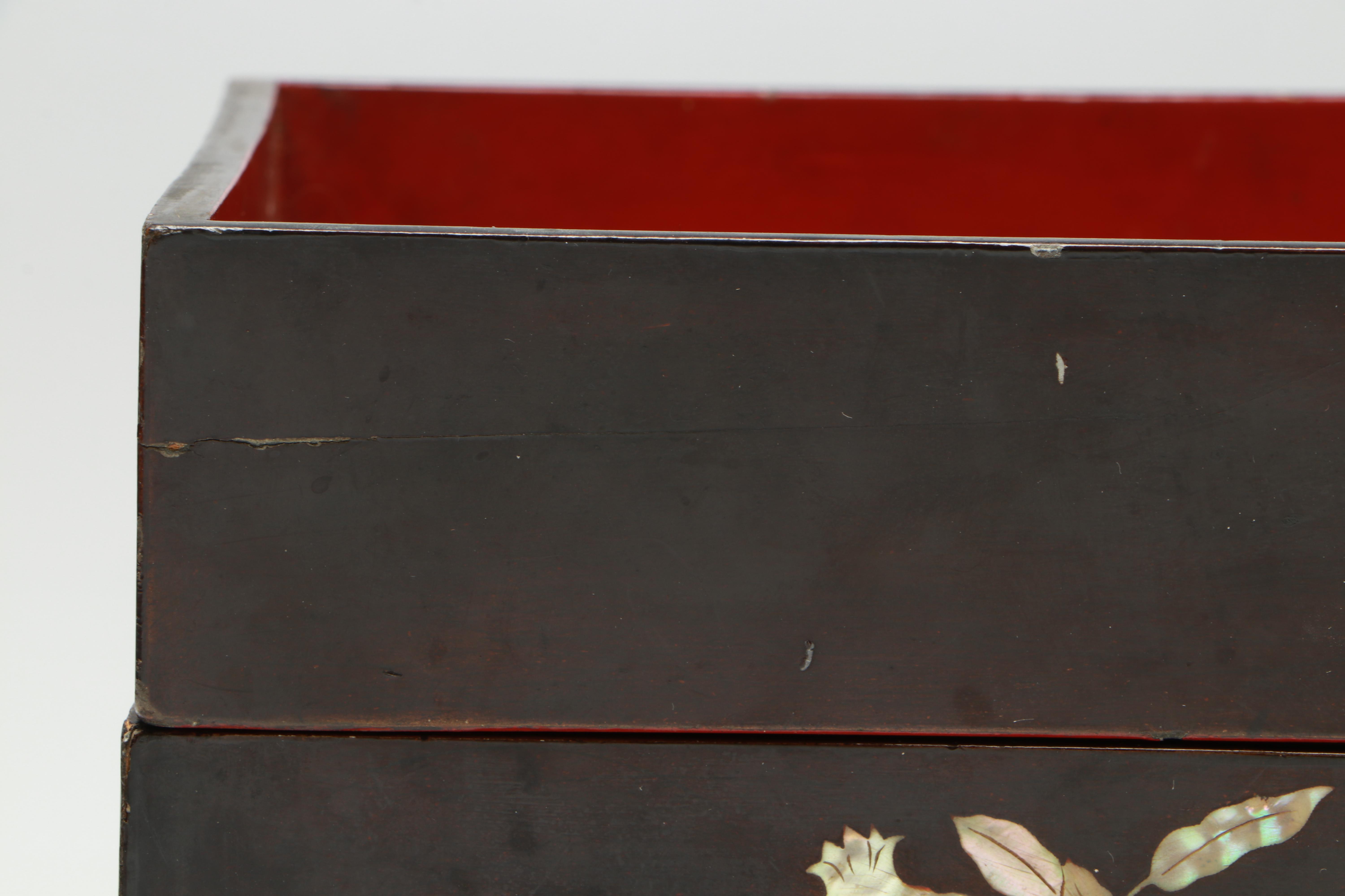 Japanese Mother-of-Pearl Inlaid Jyubako or Tiered Lacquered Wood Bento Box