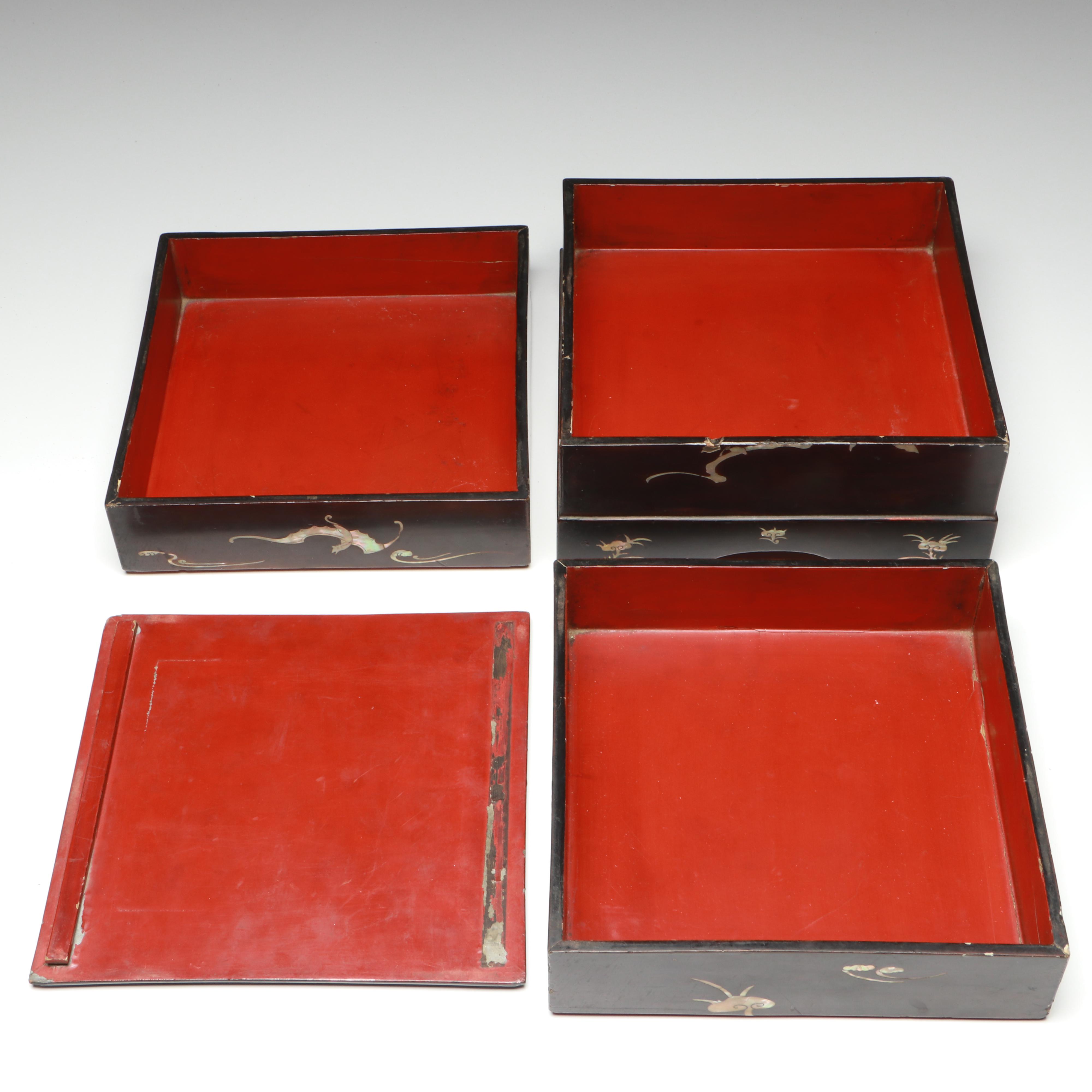 Japanese Mother-of-Pearl Inlaid Jyubako or Tiered Lacquered Wood Bento Box