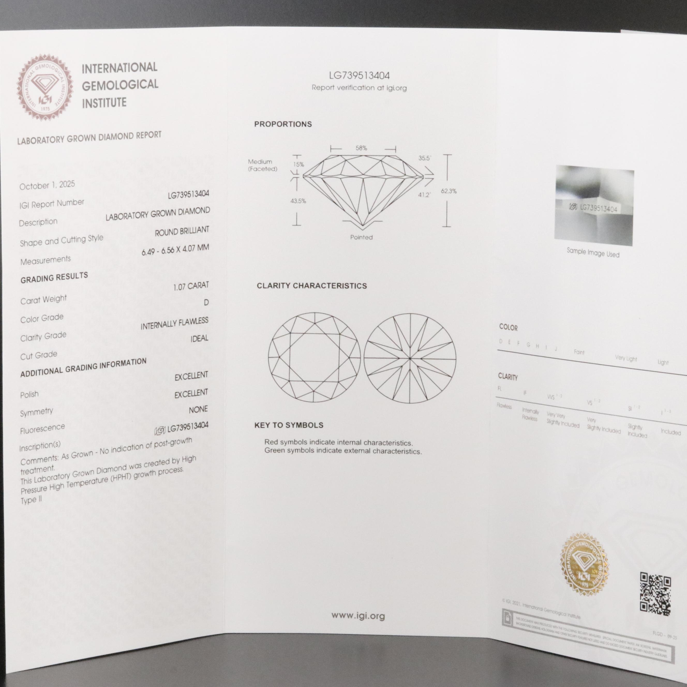 Loose 1.07 CT Lab Grown Diamond with IGI Report