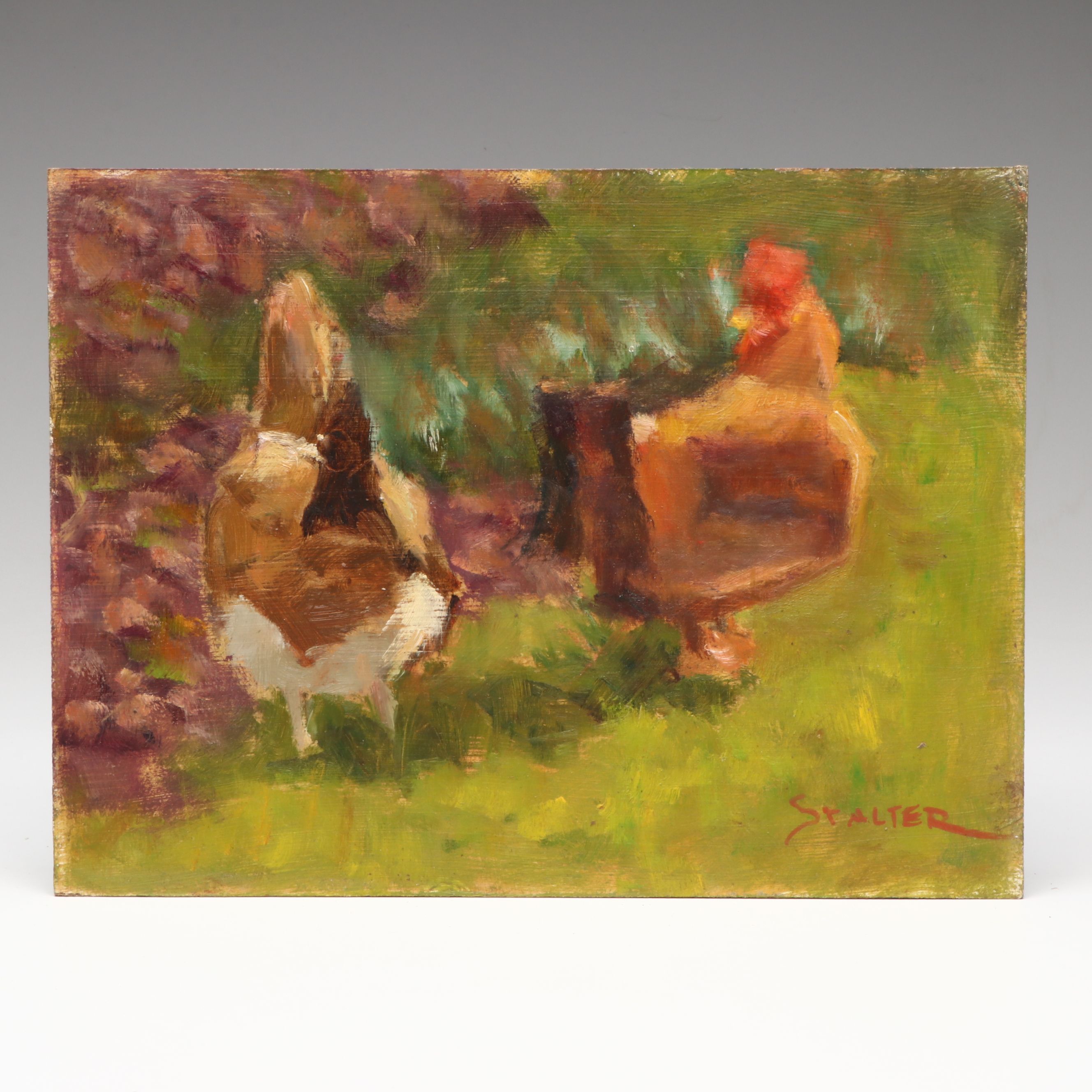 Richard Stalter Impressionist Oil Painting of Two Chickens