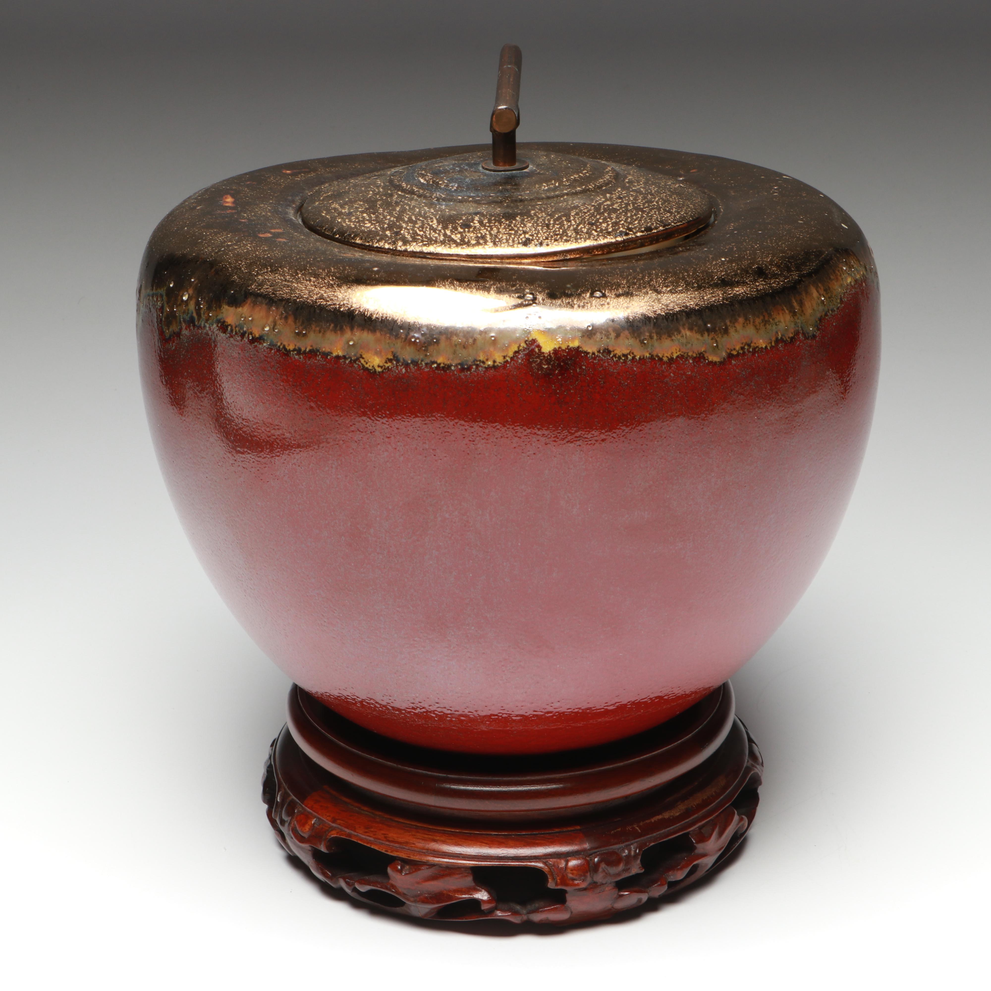 Chinese Metal Handle Bronzed Drip Glaze Melon Jar with Fitted Base